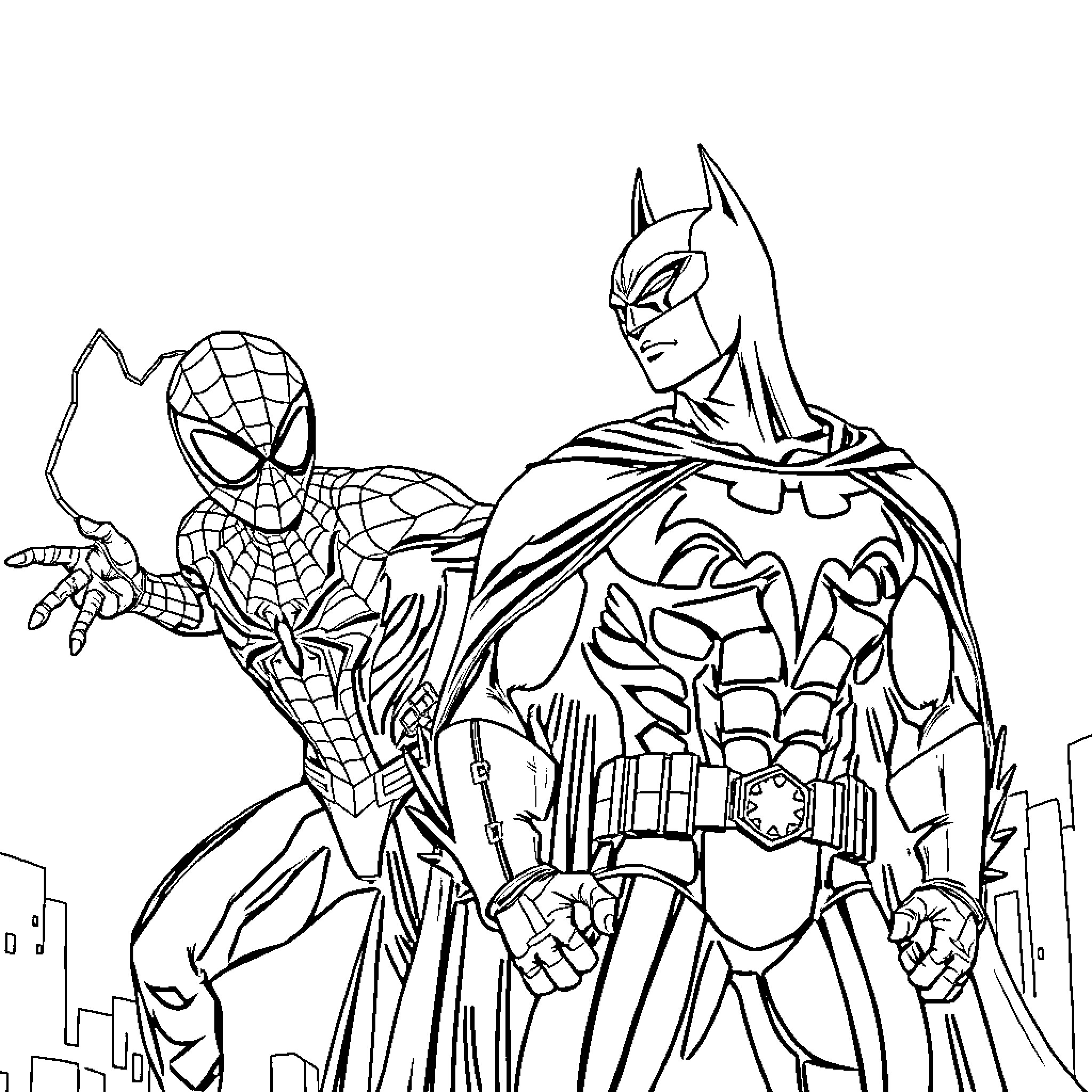 Batman and Spider-Man teaming up for an urban adventure Coloring Page (free black-and-white line drawing printable PDF for all, from beginners to advanced learners, including children, teens, adults, and seniors)