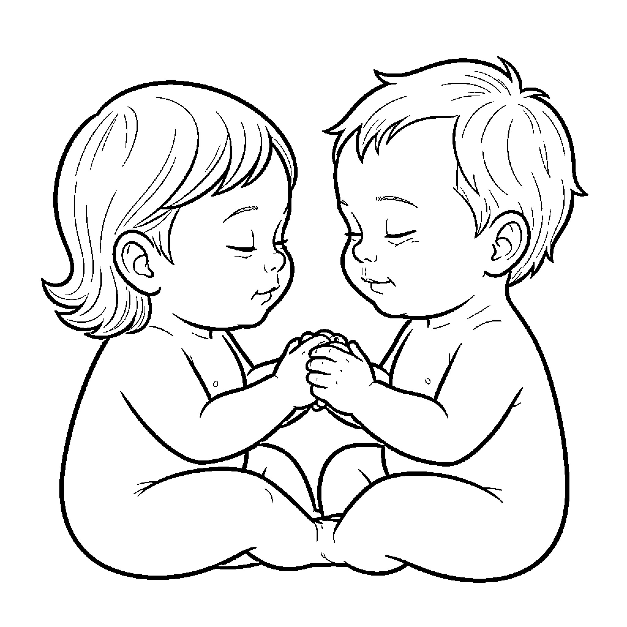 Baby twins sitting together and holding hands Coloring Page (free black-and-white line drawing printable PDF for all, from beginners to advanced learners, including children, teens, adults, and seniors)