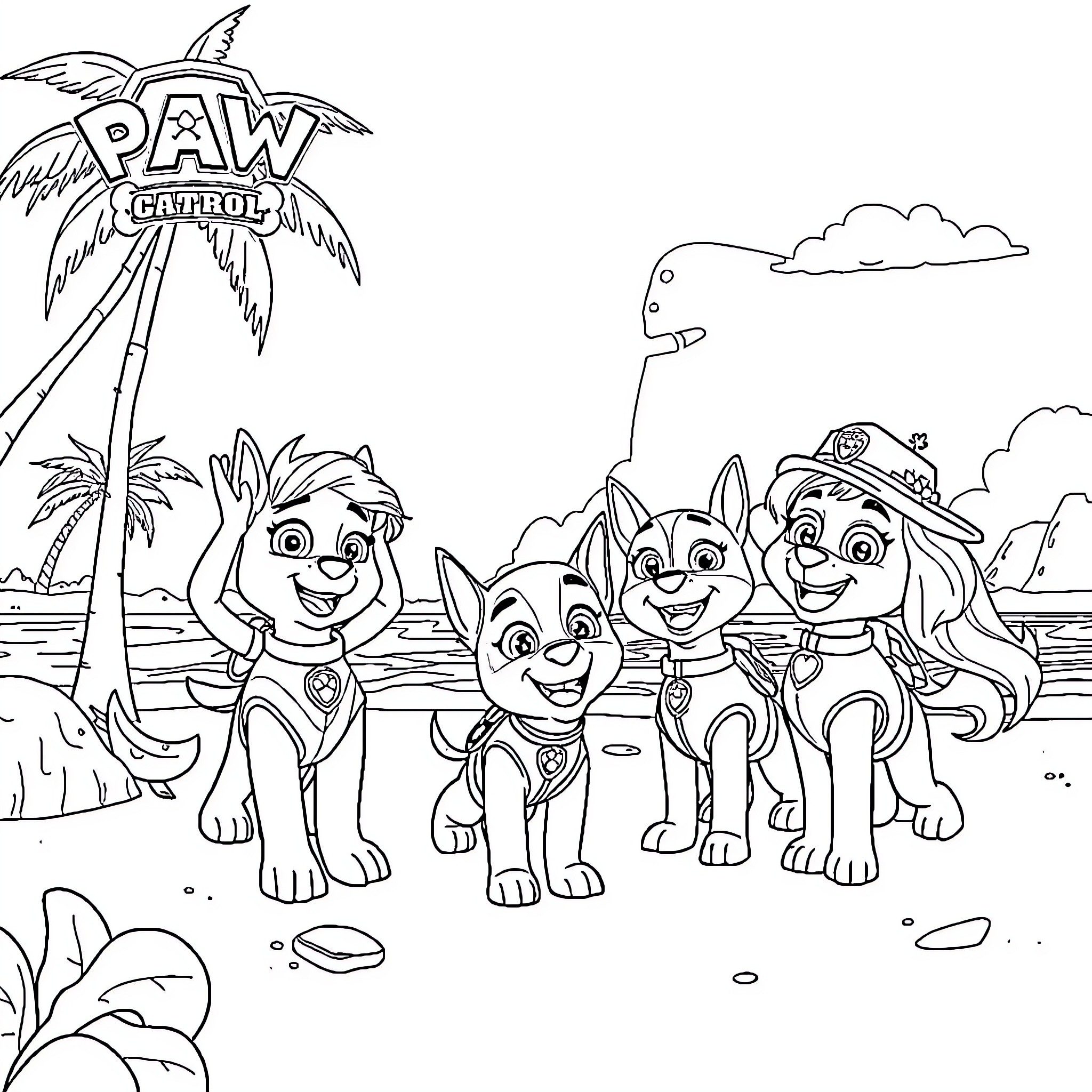 Vaiana's Paw Patrol Adventure on the Beach Coloring Page (free black-and-white line drawing printable PDF for all, from beginners to advanced learners, including children, teens, adults, and seniors)