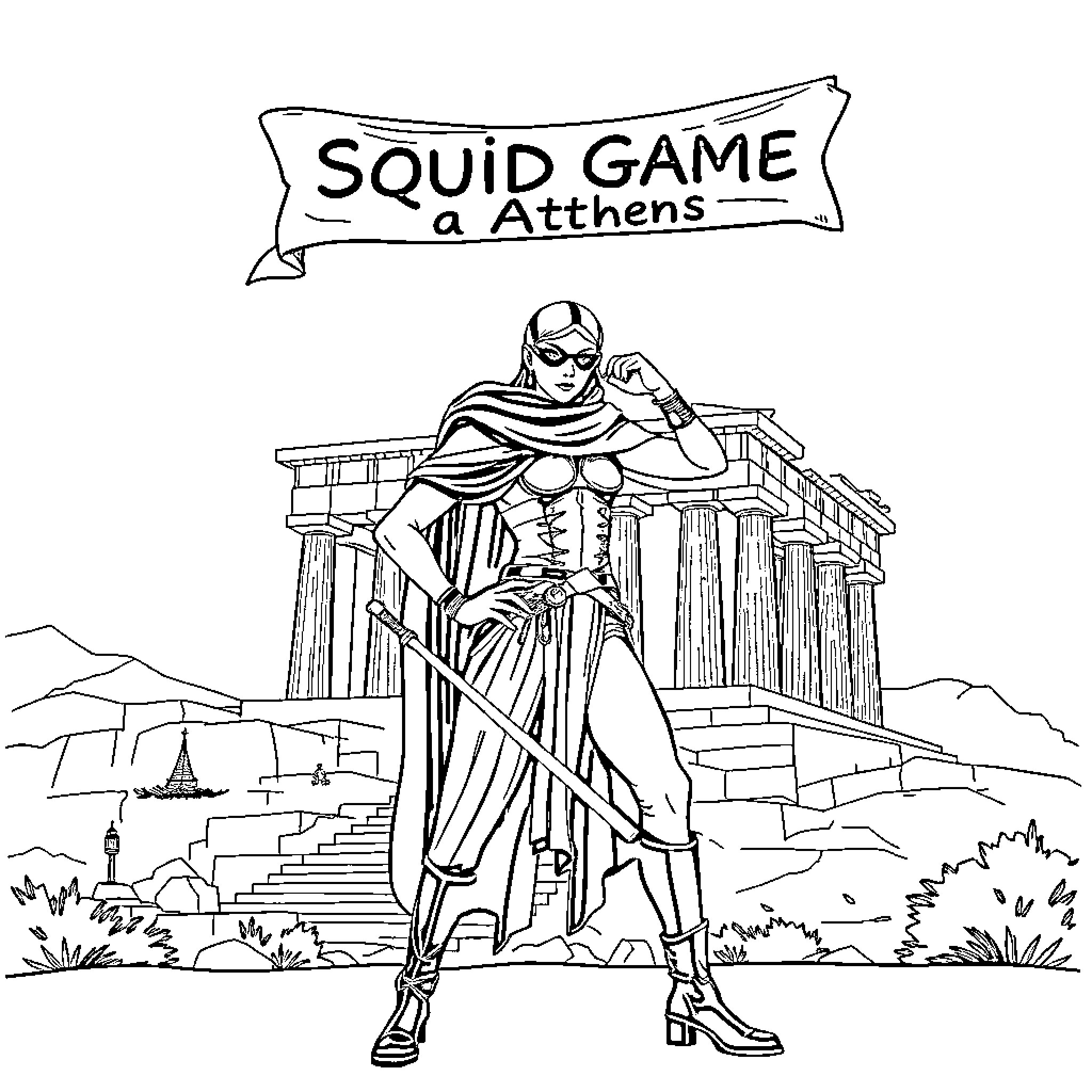Squid Game: A Mighty Warrior in Athens Coloring Page (free black-and-white line drawing printable PDF for all, from beginners to advanced learners, including children, teens, adults, and seniors)