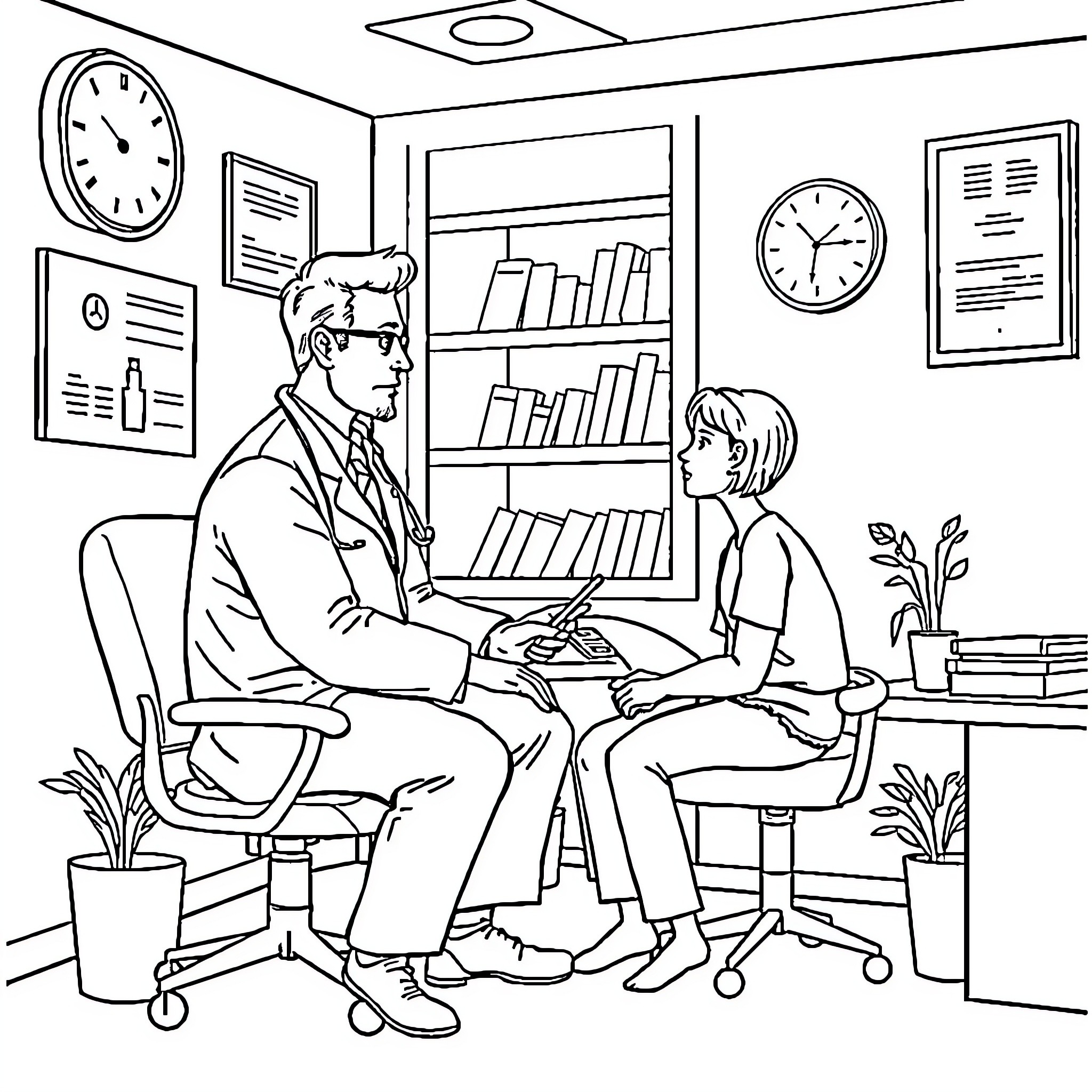 Doctor Discussing Medical Matters with Patient Coloring Page (free black-and-white line drawing printable PDF for all, from beginners to advanced learners, including children, teens, adults, and seniors)
