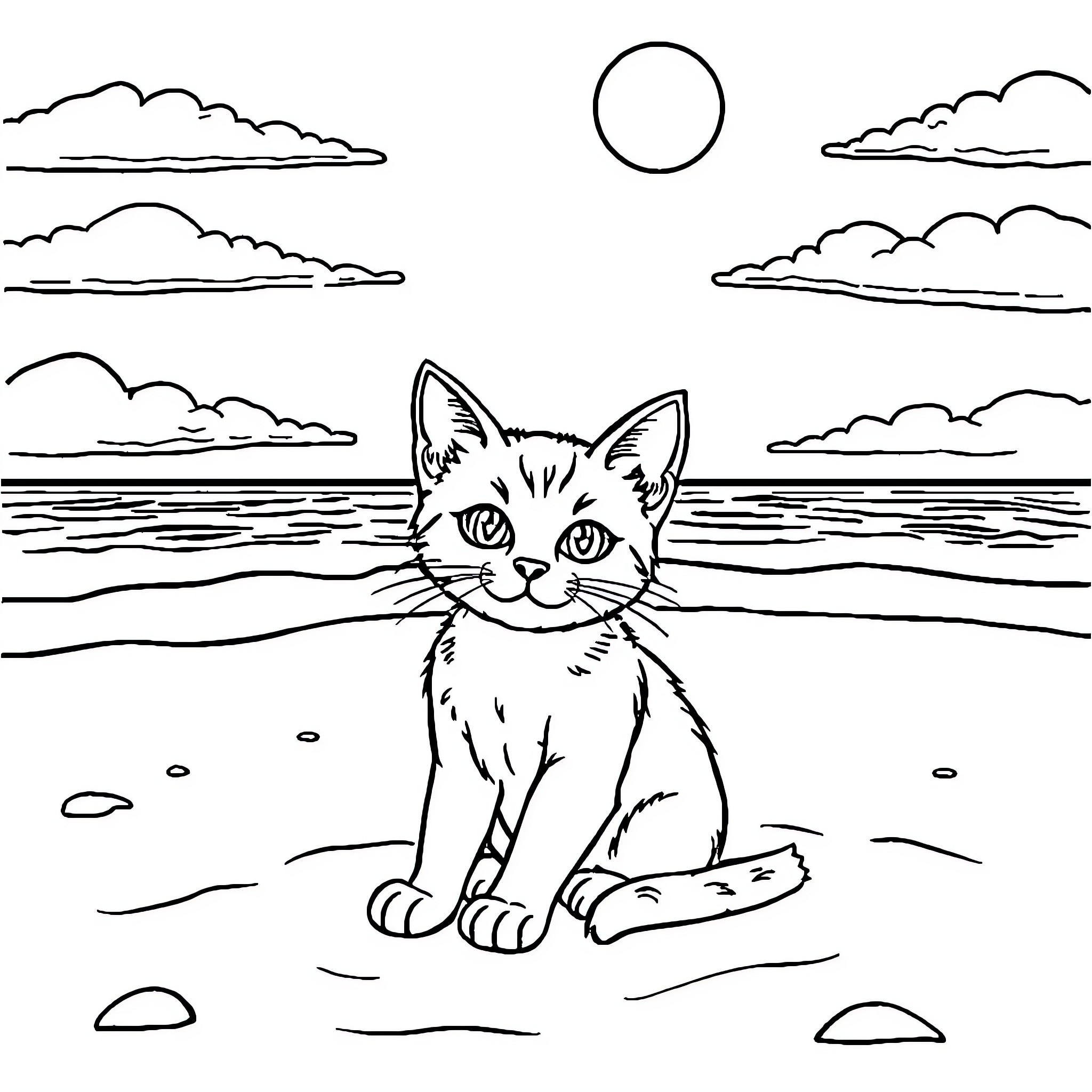 Kitty gazing out at the serene landscape Coloring Page (free black-and-white line drawing printable PDF for all, from beginners to advanced learners, including children, teens, adults, and seniors)