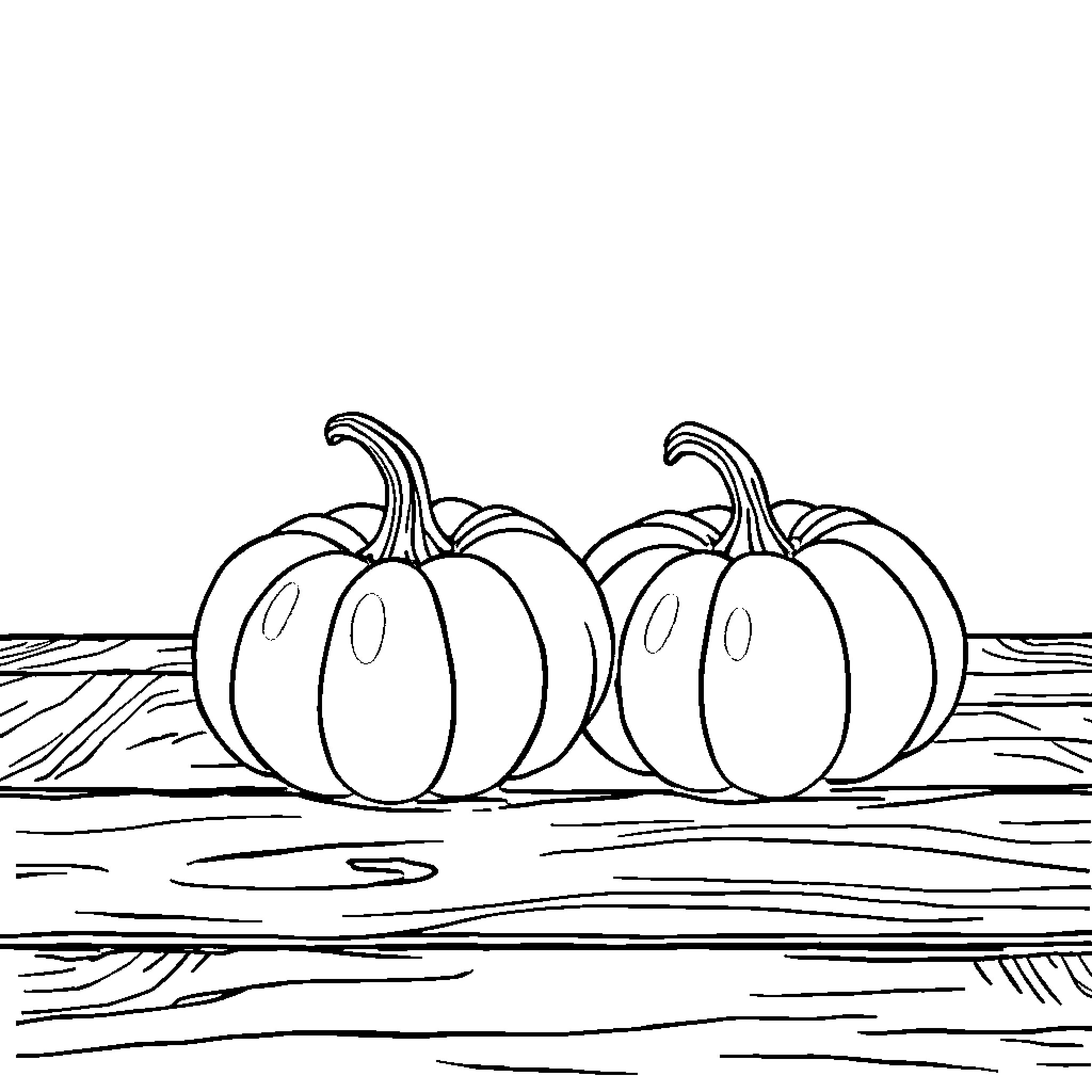 Pumpkins resting on wooden surface Coloring Page (free black-and-white line drawing printable PDF for all, from beginners to advanced learners, including children, teens, adults, and seniors)