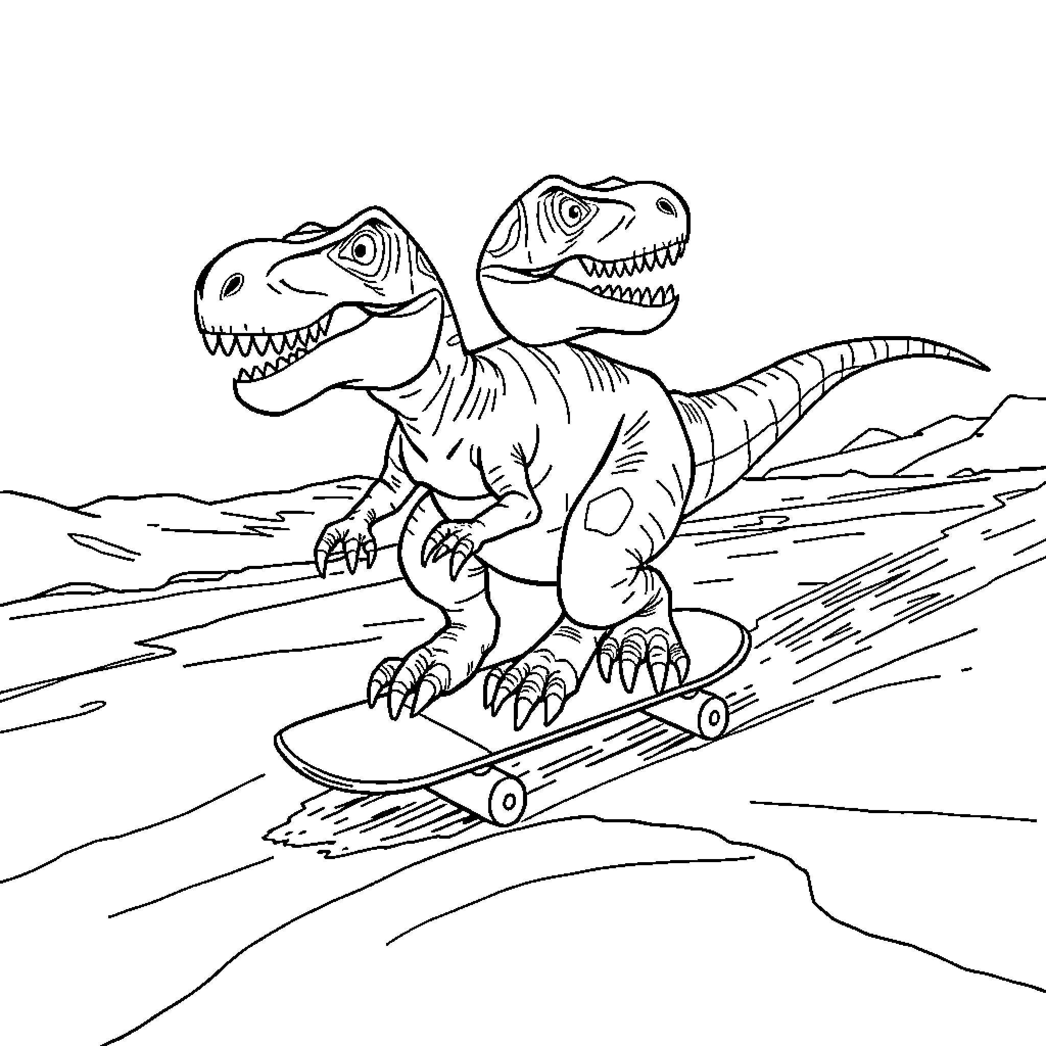 T-Rex skateboarding through the prehistoric landscape Coloring Page (free black-and-white line drawing printable PDF for all, from beginners to advanced learners, including children, teens, adults, and seniors)