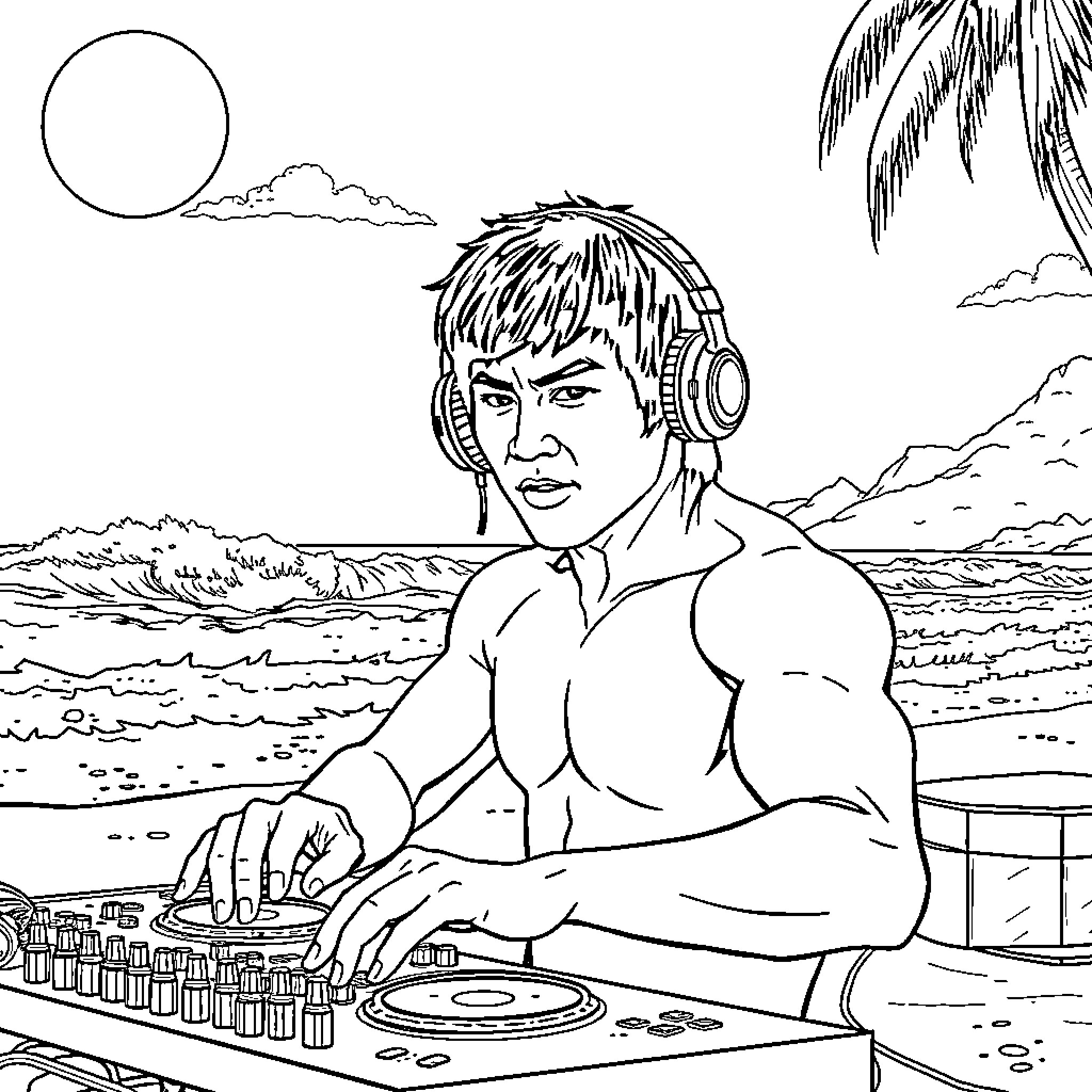 Bruce Lee Mixing Beats on the Beach Coloring Page (free black-and-white line drawing printable PDF for all, from beginners to advanced learners, including children, teens, adults, and seniors)