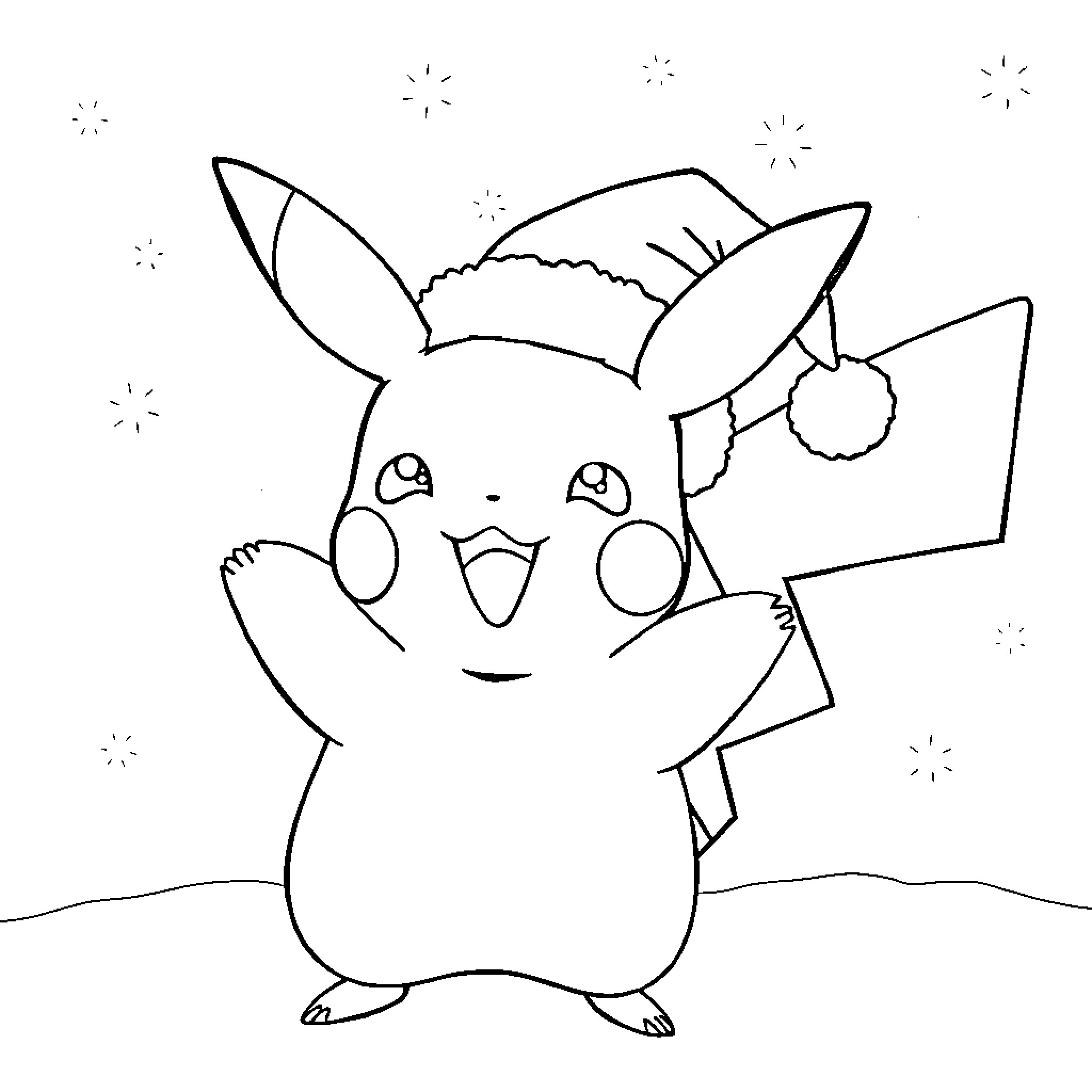 Pikachu celebrating with a festive hat Coloring Page (free black-and-white line drawing printable PDF for all, from beginners to advanced learners, including children, teens, adults, and seniors)