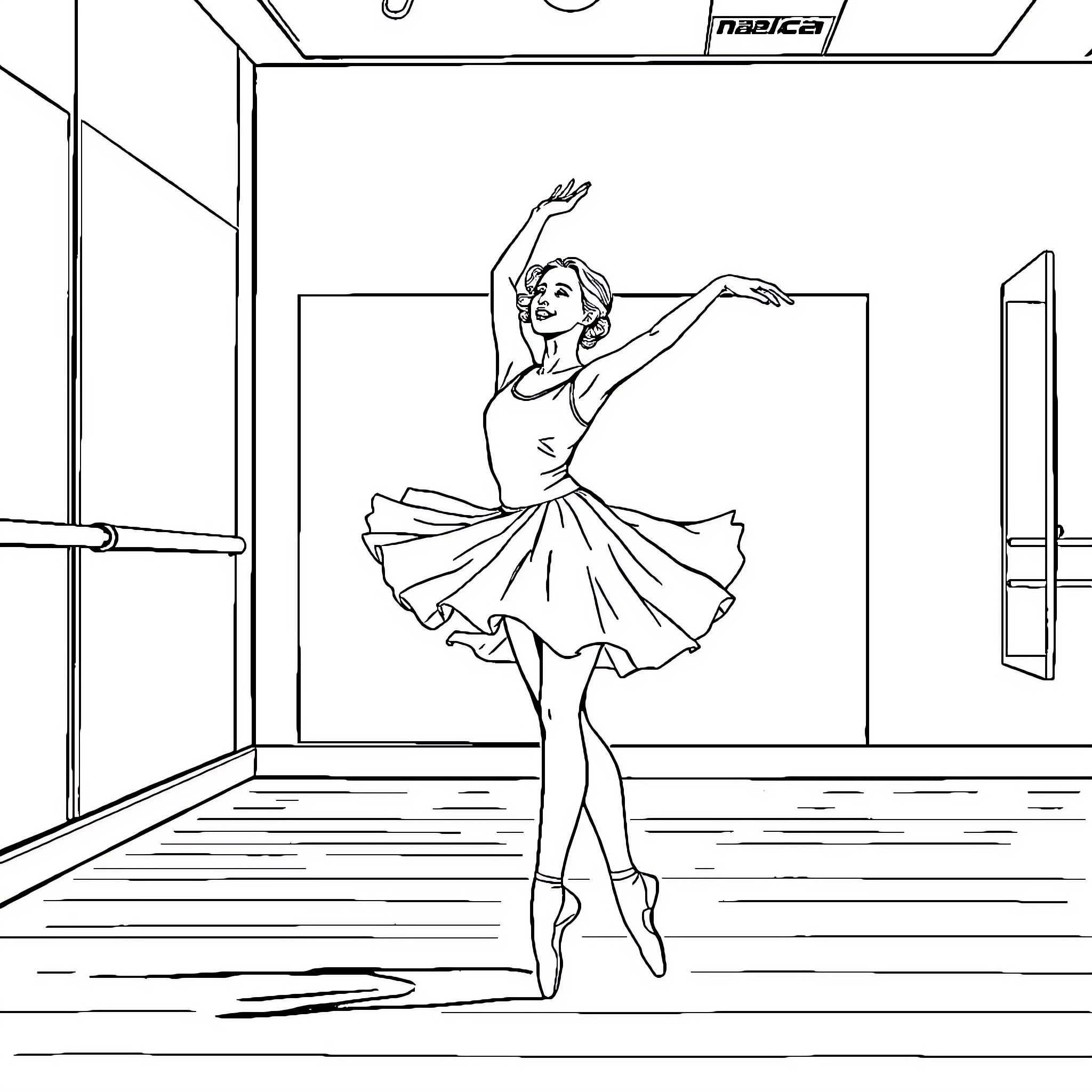 Ballerina performing graceful dance in studio Coloring Page (free black-and-white line drawing printable PDF for all, from beginners to advanced learners, including children, teens, adults, and seniors)