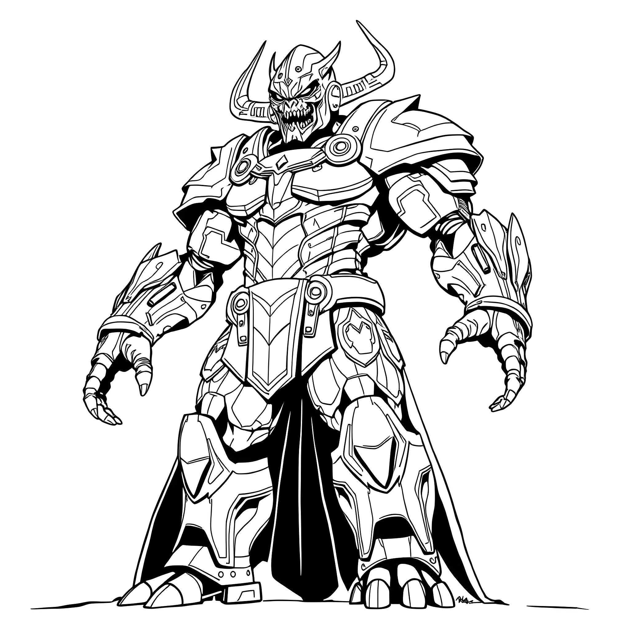 Doctor Doomsday's Terrifying Robotic Transformation Coloring Page (free black-and-white line drawing printable PDF for all, from beginners to advanced learners, including children, teens, adults, and seniors)