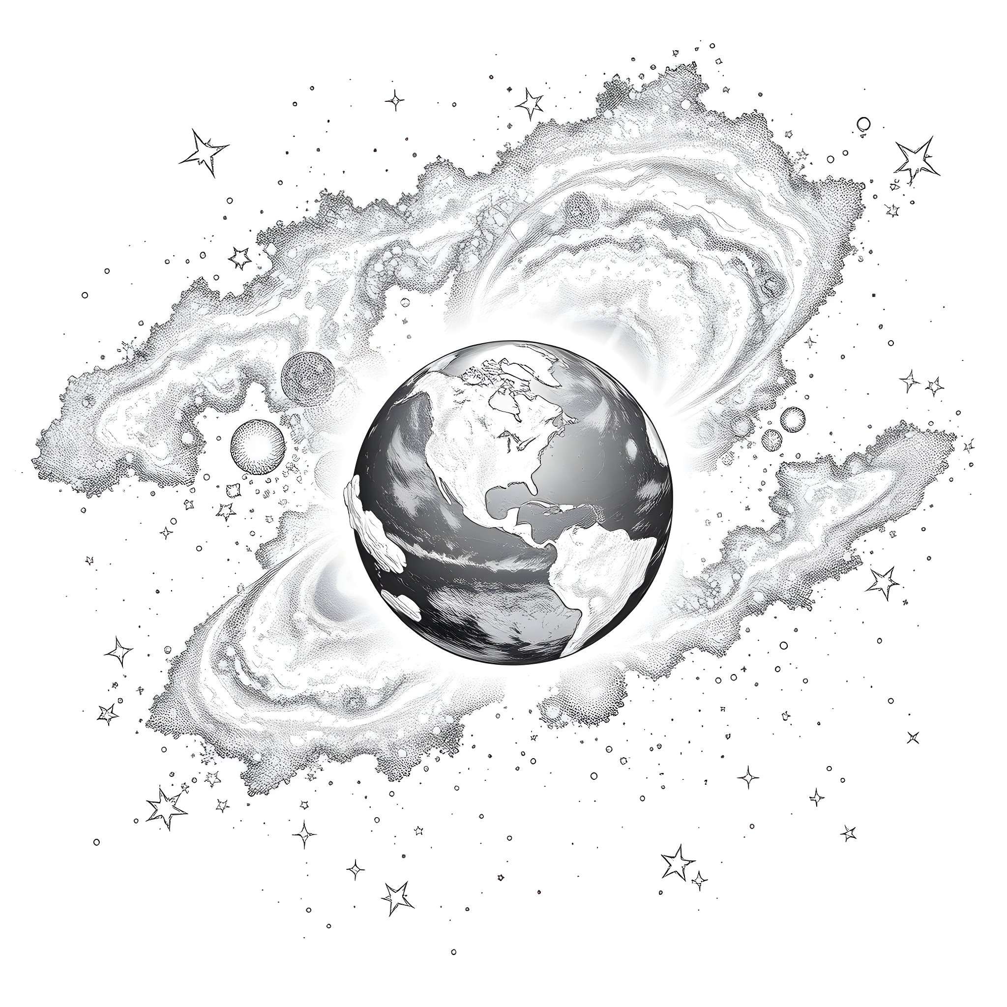 Earth floating in the cosmic galaxy Coloring Page (free black-and-white line drawing printable PDF for all, from beginners to advanced learners, including children, teens, adults, and seniors)