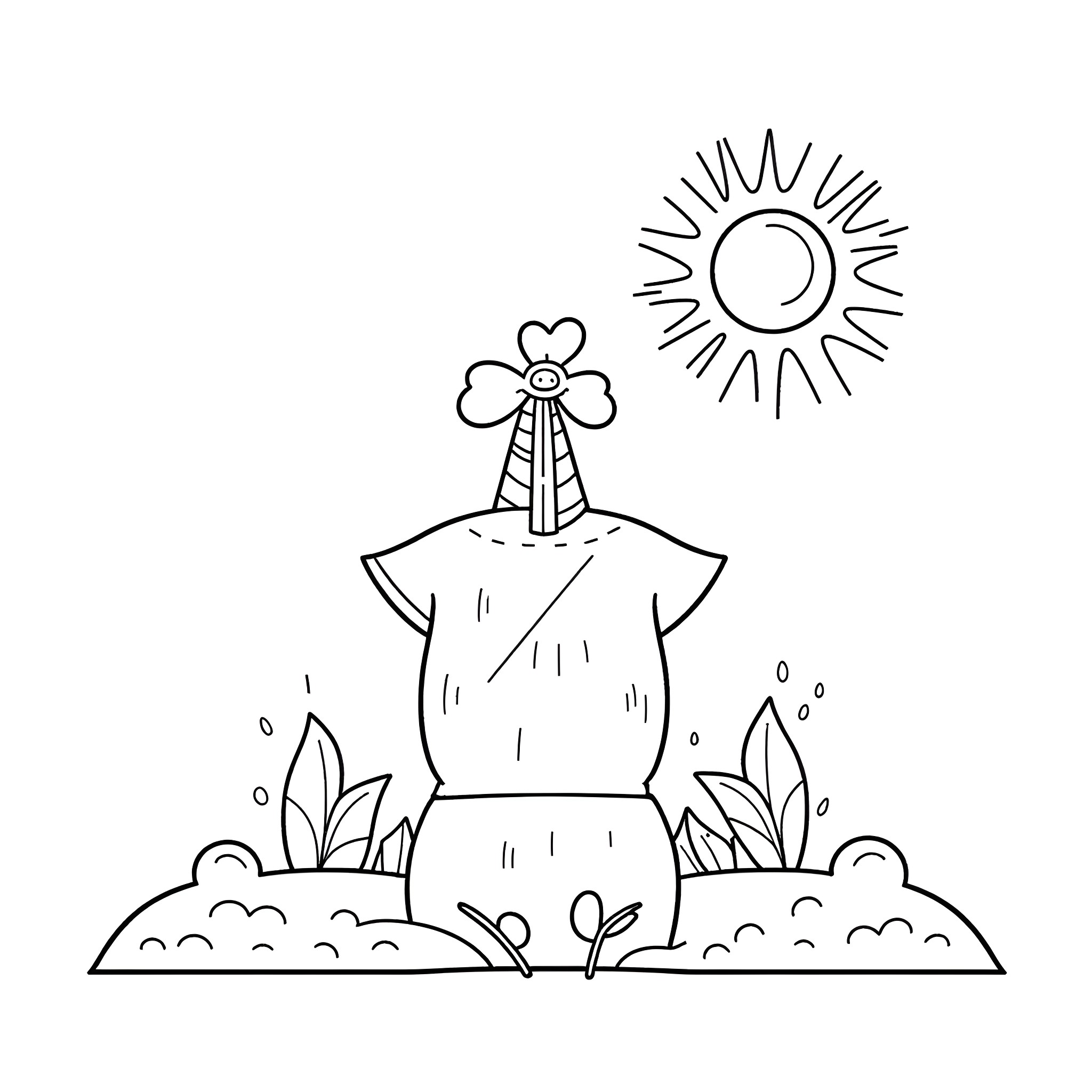 Solar Power Garden Sculpture in the Sunshine Coloring Page (free black-and-white line drawing printable PDF for all, from beginners to advanced learners, including children, teens, adults, and seniors)