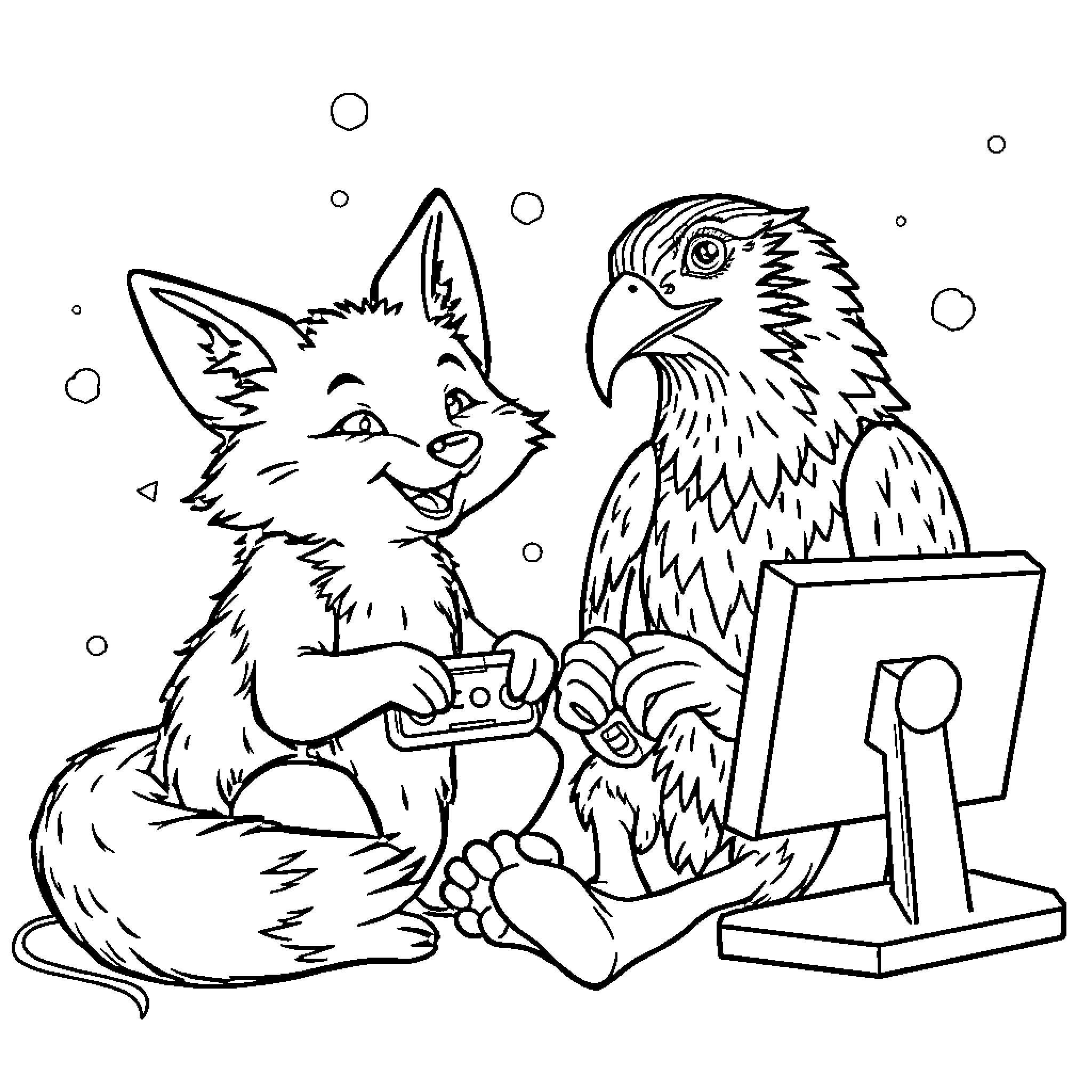 Fox and Eagle Interacting with Technology Coloring Page (free black-and-white line drawing printable PDF for all, from beginners to advanced learners, including children, teens, adults, and seniors)