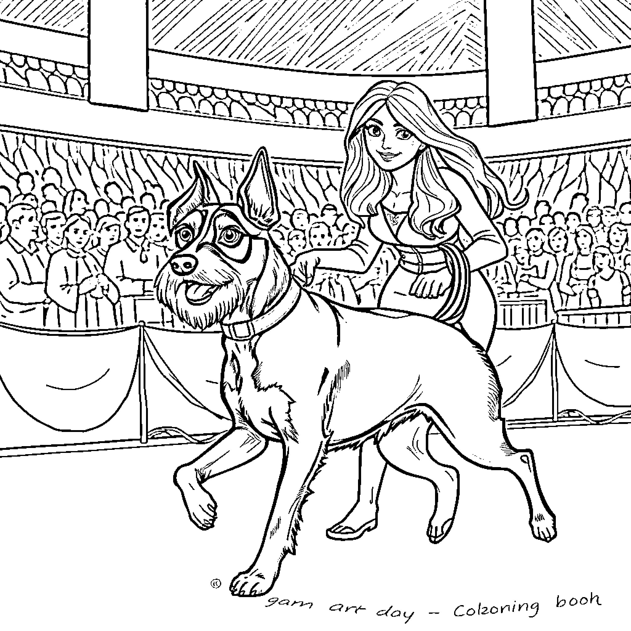 Terrier performing with a woman in an arena Coloring Page (free black-and-white line drawing printable PDF for all, from beginners to advanced learners, including children, teens, adults, and seniors)