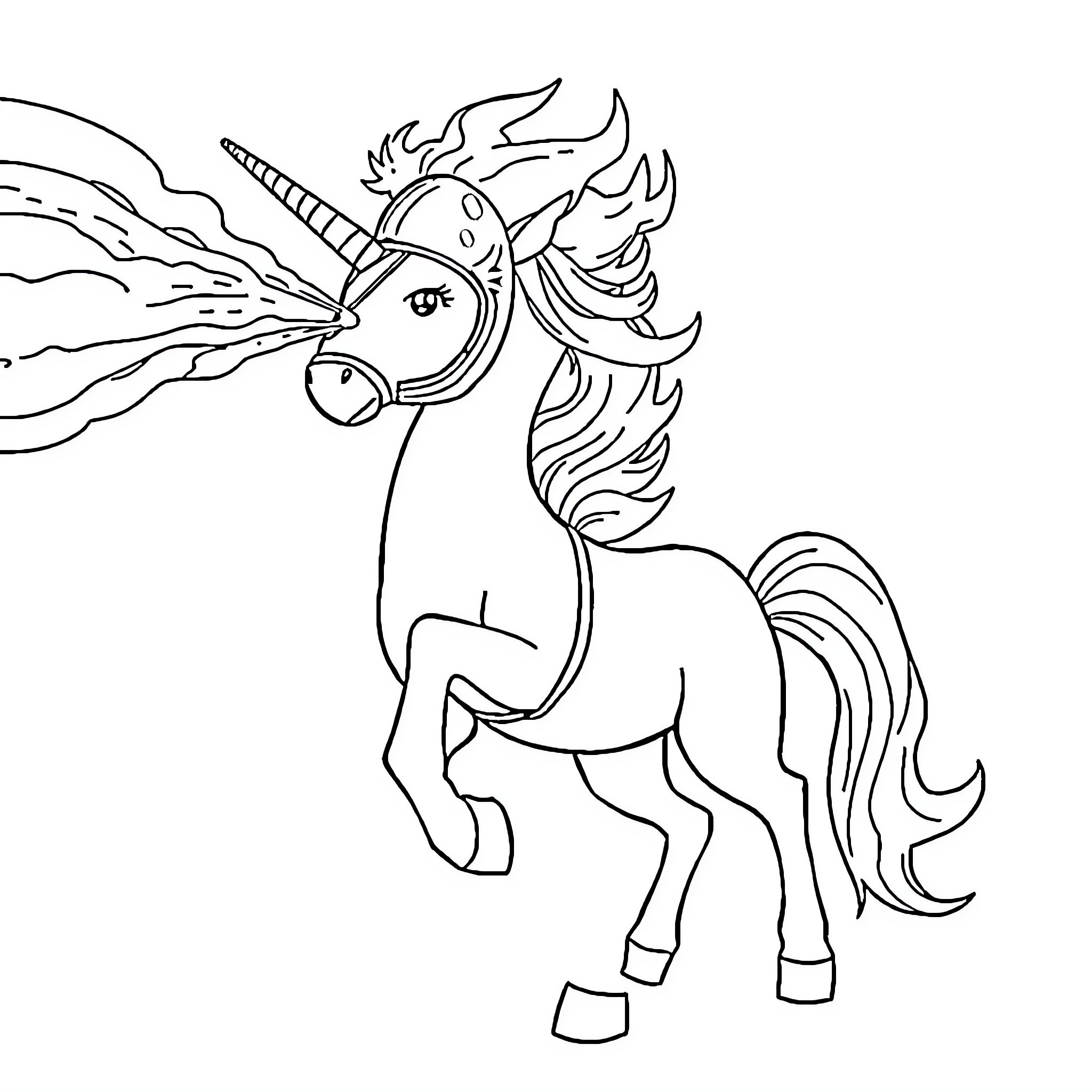 Fire Unicorn soaring through the skies Coloring Page (free black-and-white line drawing printable PDF for all, from beginners to advanced learners, including children, teens, adults, and seniors)