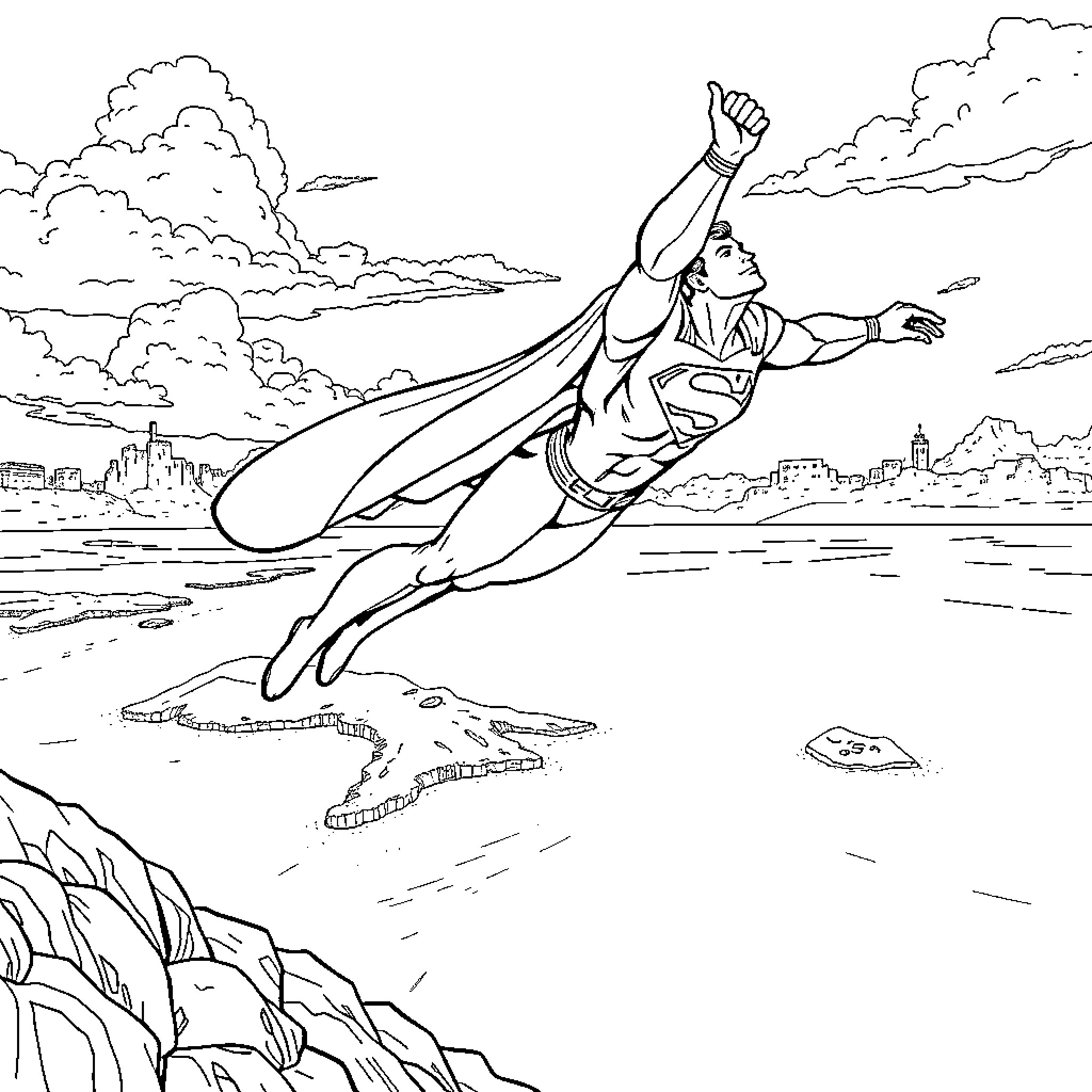 Superman soaring through the sky above the city Coloring Page (free black-and-white line drawing printable PDF for all, from beginners to advanced learners, including children, teens, adults, and seniors)