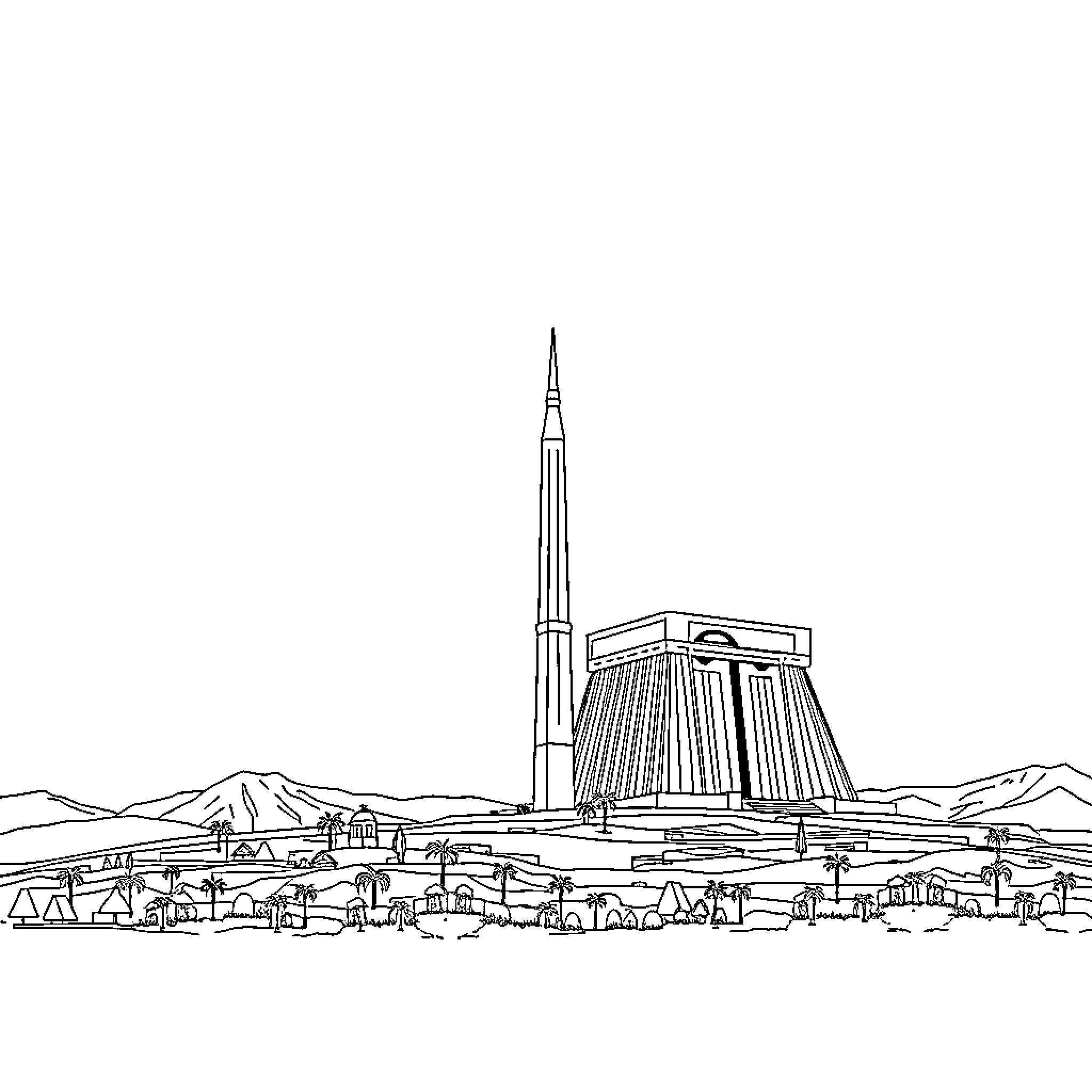 Qaba - Outline of a Towering Religious Structure Coloring Page (free black-and-white line drawing printable PDF for all, from beginners to advanced learners, including children, teens, adults, and seniors)