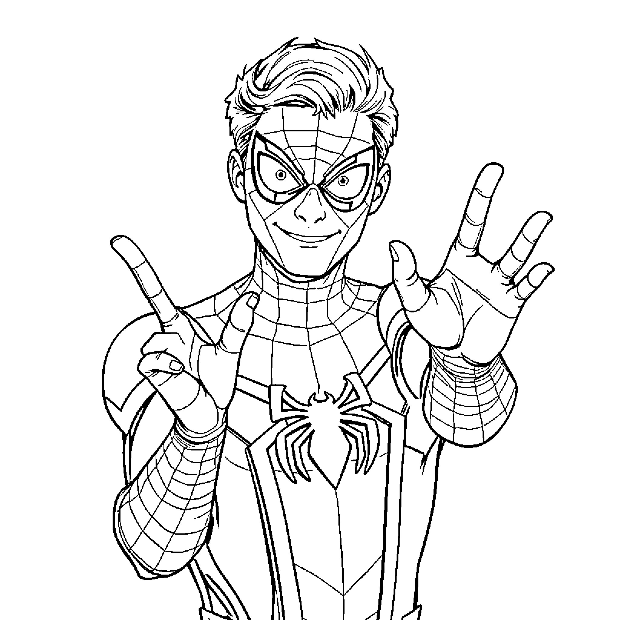 Spiderman making a friendly gesture in his superhero outfit Coloring Page (free black-and-white line drawing printable PDF for all, from beginners to advanced learners, including children, teens, adults, and seniors)
