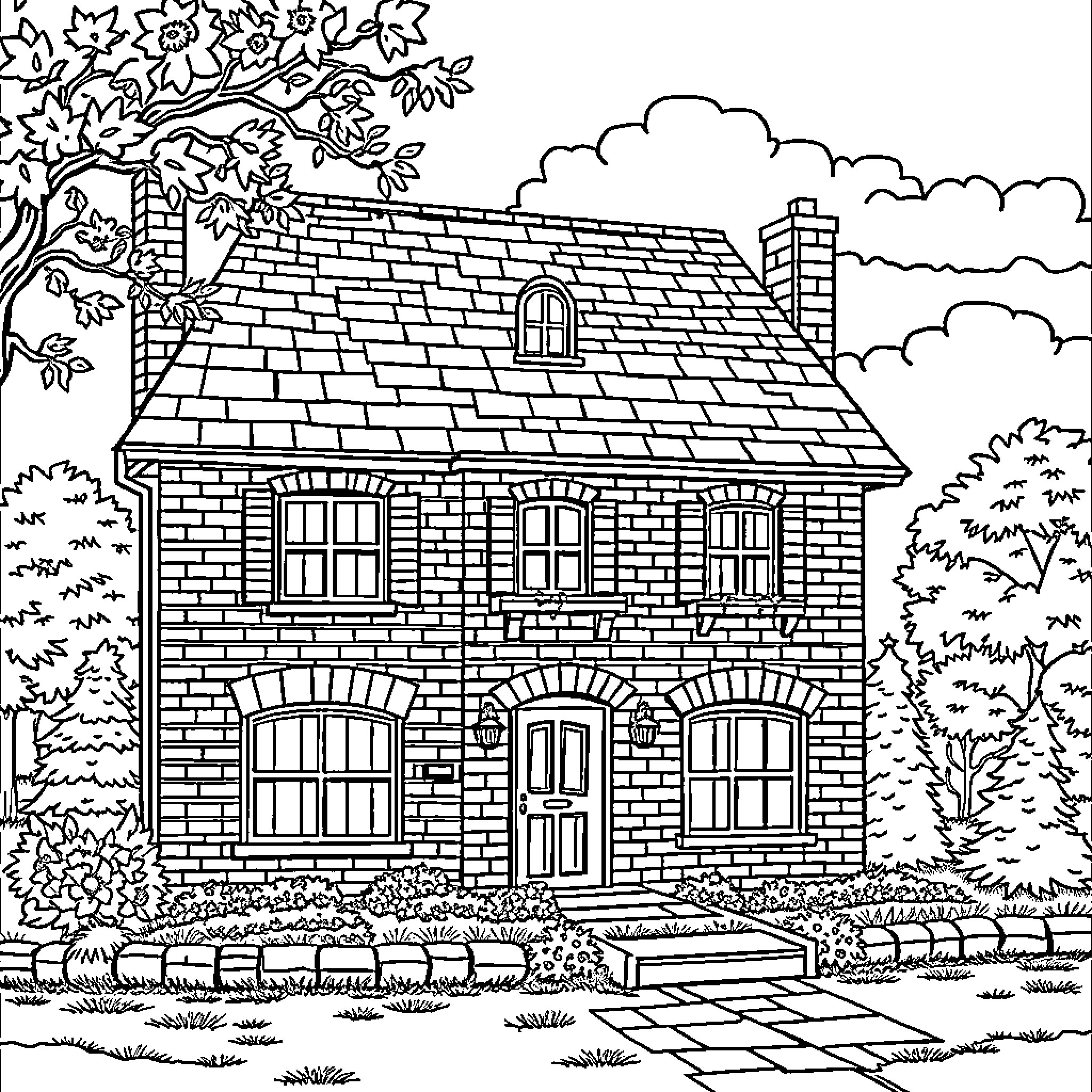 Home in a Tranquil Countryside Landscape Coloring Page (free black-and-white line drawing printable PDF for all, from beginners to advanced learners, including children, teens, adults, and seniors)