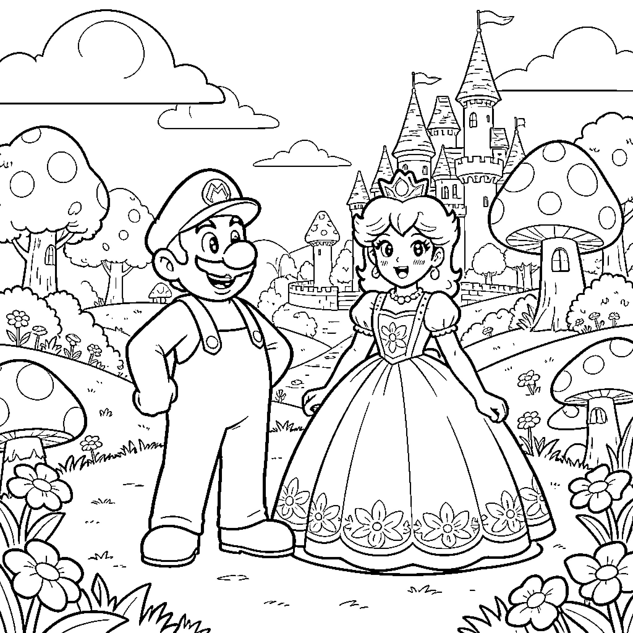 Mario and Princess in Fantastical Mushroom Kingdom Coloring Page (free black-and-white line drawing printable PDF for all, from beginners to advanced learners, including children, teens, adults, and seniors)