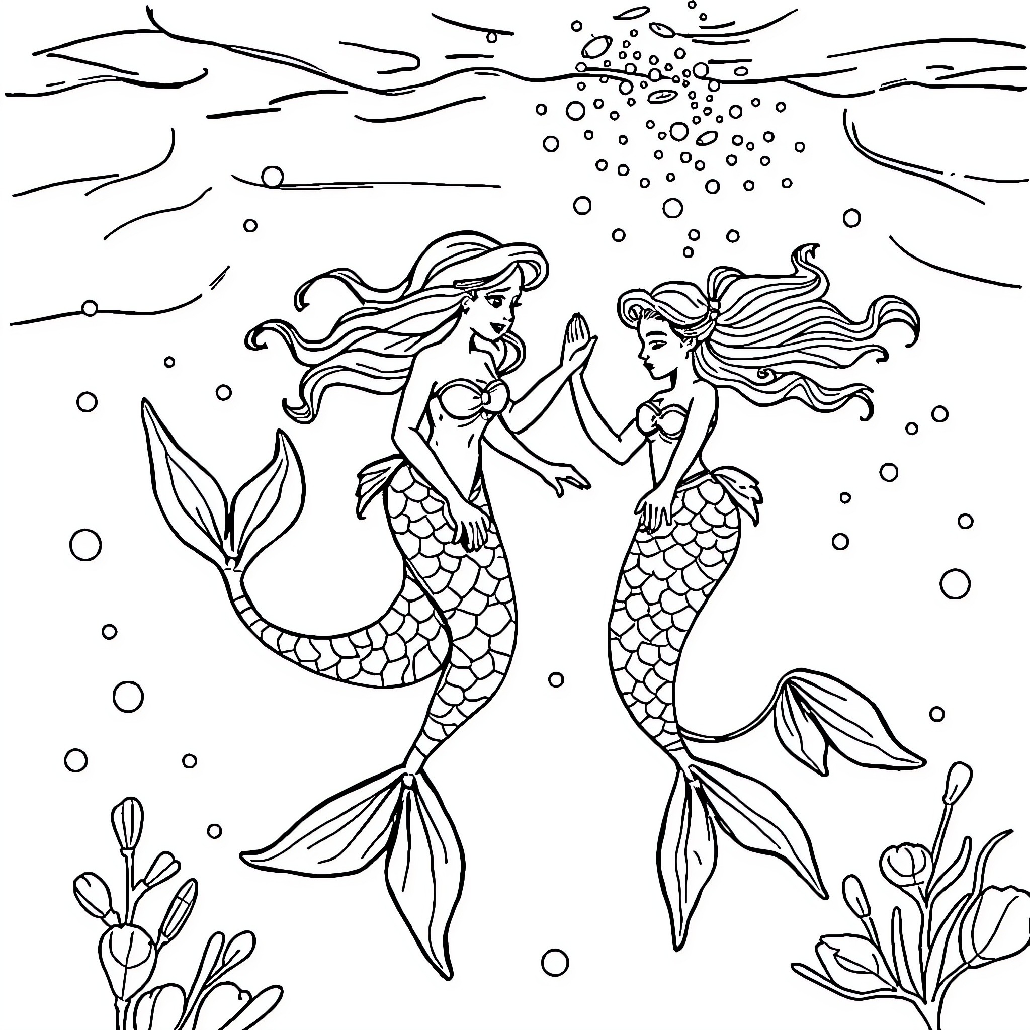 Mermaid friends enjoying the underwater scene Coloring Page (free black-and-white line drawing printable PDF for all, from beginners to advanced learners, including children, teens, adults, and seniors)