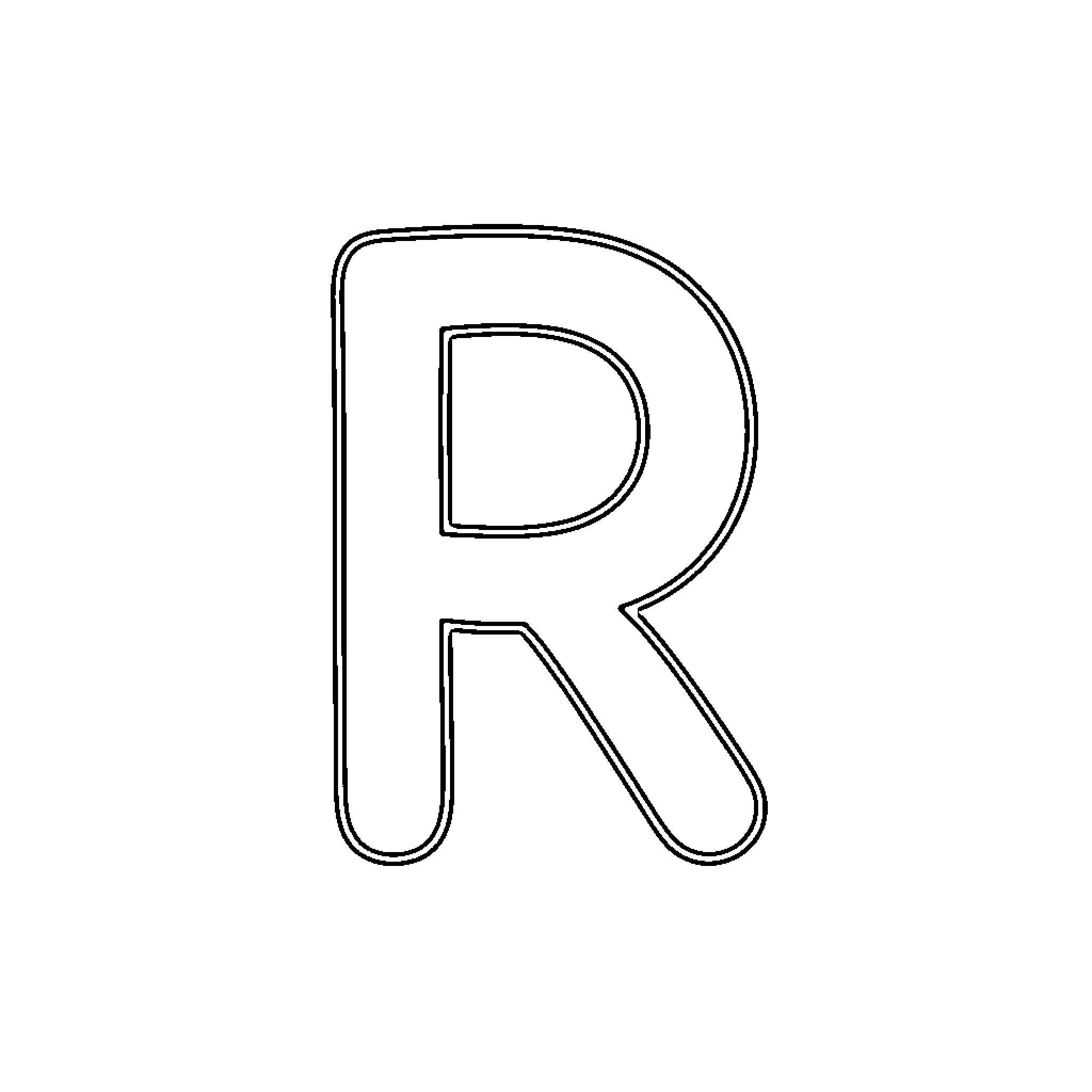 R capital letter outline in simple line art Coloring Page (free black-and-white line drawing printable PDF for all, from beginners to advanced learners, including children, teens, adults, and seniors)