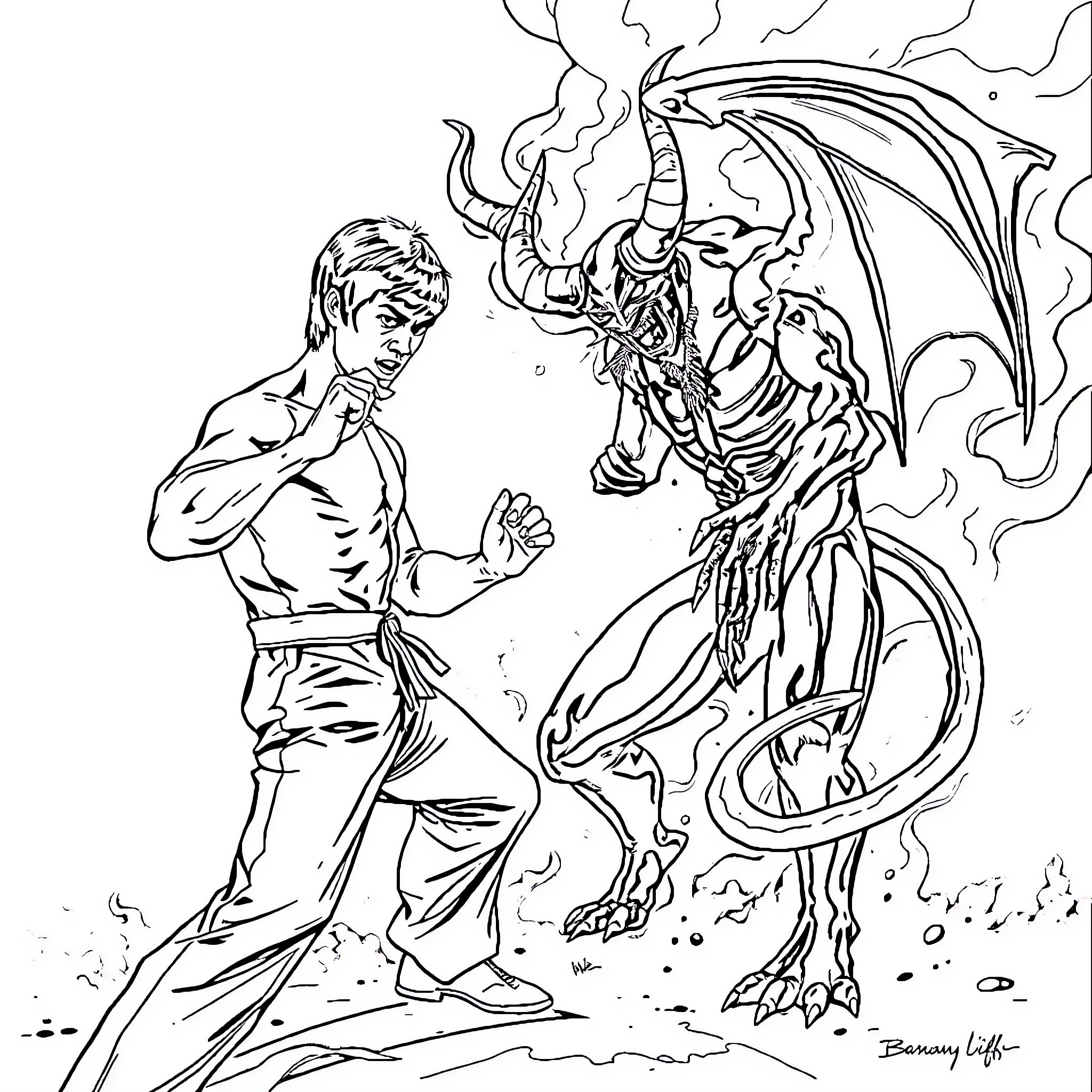 Bruce Lee battles a fearsome dragon creature Coloring Page (free black-and-white line drawing printable PDF for all, from beginners to advanced learners, including children, teens, adults, and seniors)