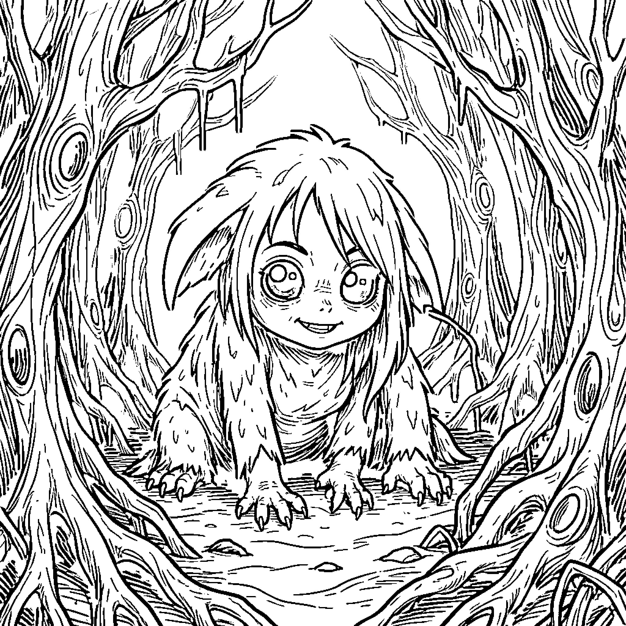 Demogorgon peering curiously from the forest Coloring Page (free black-and-white line drawing printable PDF for all, from beginners to advanced learners, including children, teens, adults, and seniors)