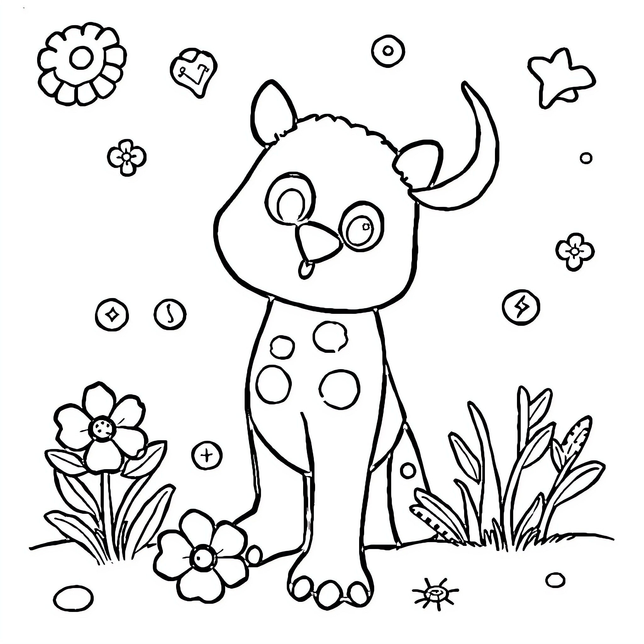 Uno Playful Creature in Whimsical Flower Garden Coloring Page (free black-and-white line drawing printable PDF for all, from beginners to advanced learners, including children, teens, adults, and seniors)