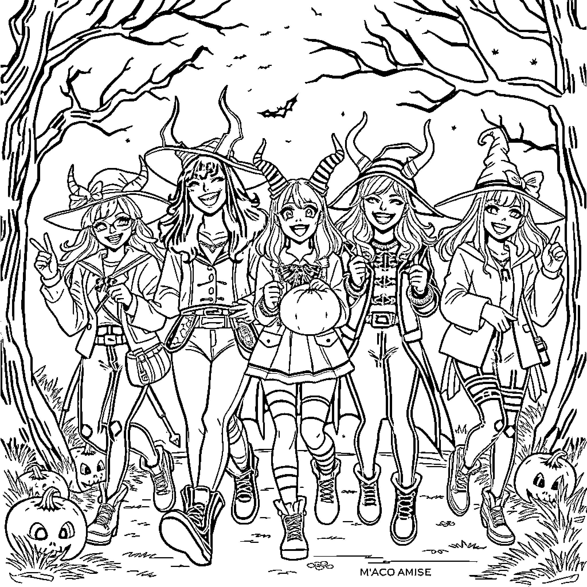 Huntrix: Group of Costumed Figures in a Spooky Forest Coloring Page (free black-and-white line drawing printable PDF for all, from beginners to advanced learners, including children, teens, adults, and seniors)