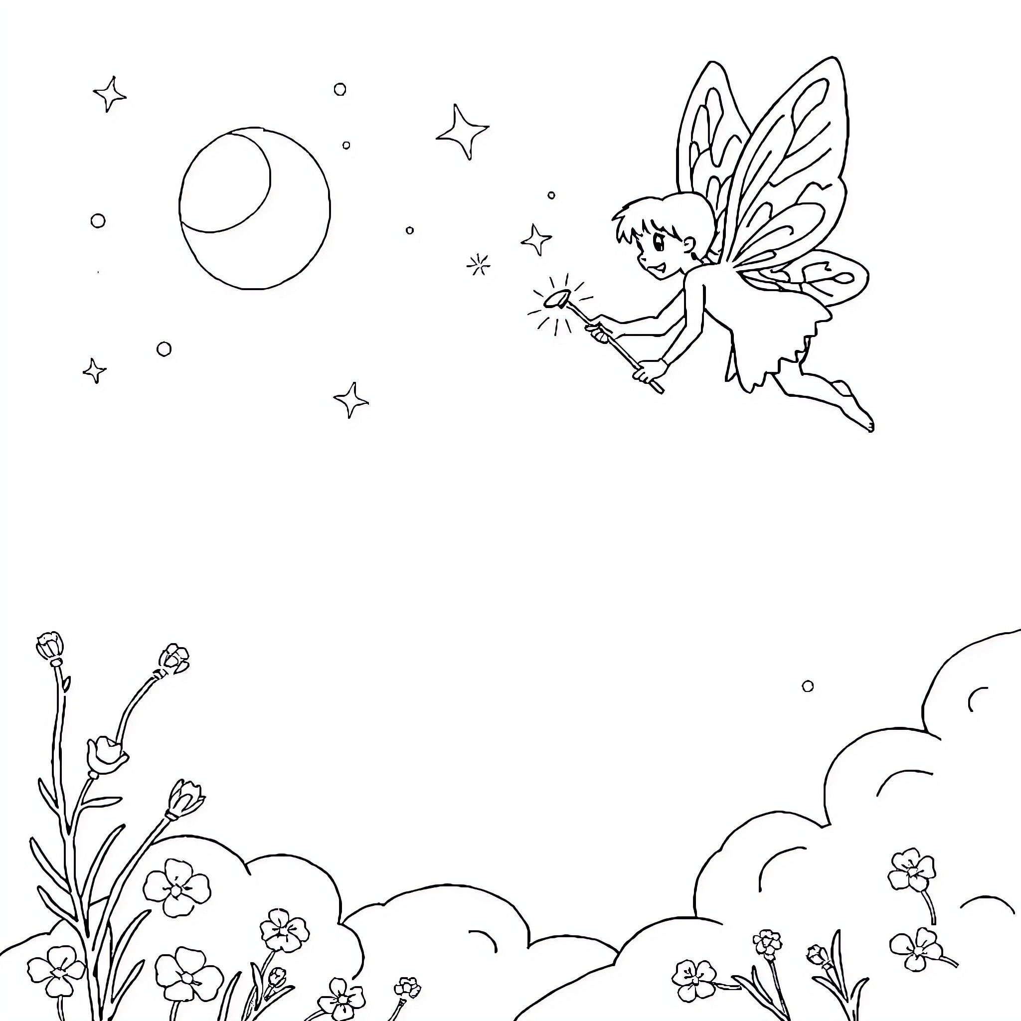 Tooth Fairy flying amidst stars and flowers Coloring Page (free black-and-white line drawing printable PDF for all, from beginners to advanced learners, including children, teens, adults, and seniors)