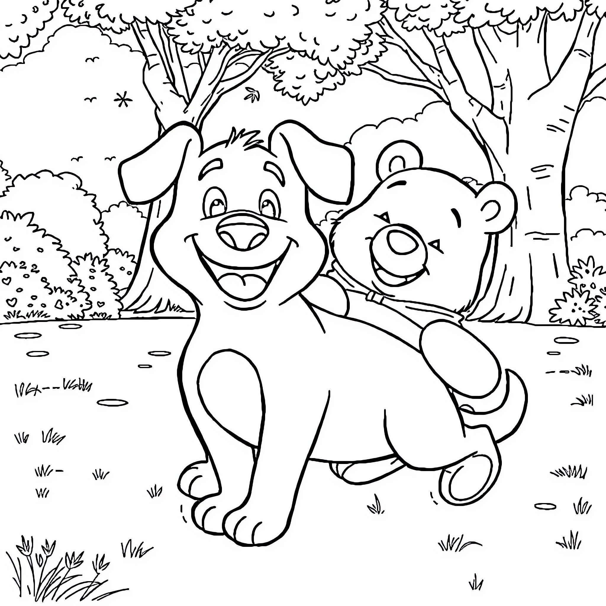 Bluey and Bingo playing happily in the forest Coloring Page (free black-and-white line drawing printable PDF for all, from beginners to advanced learners, including children, teens, adults, and seniors)