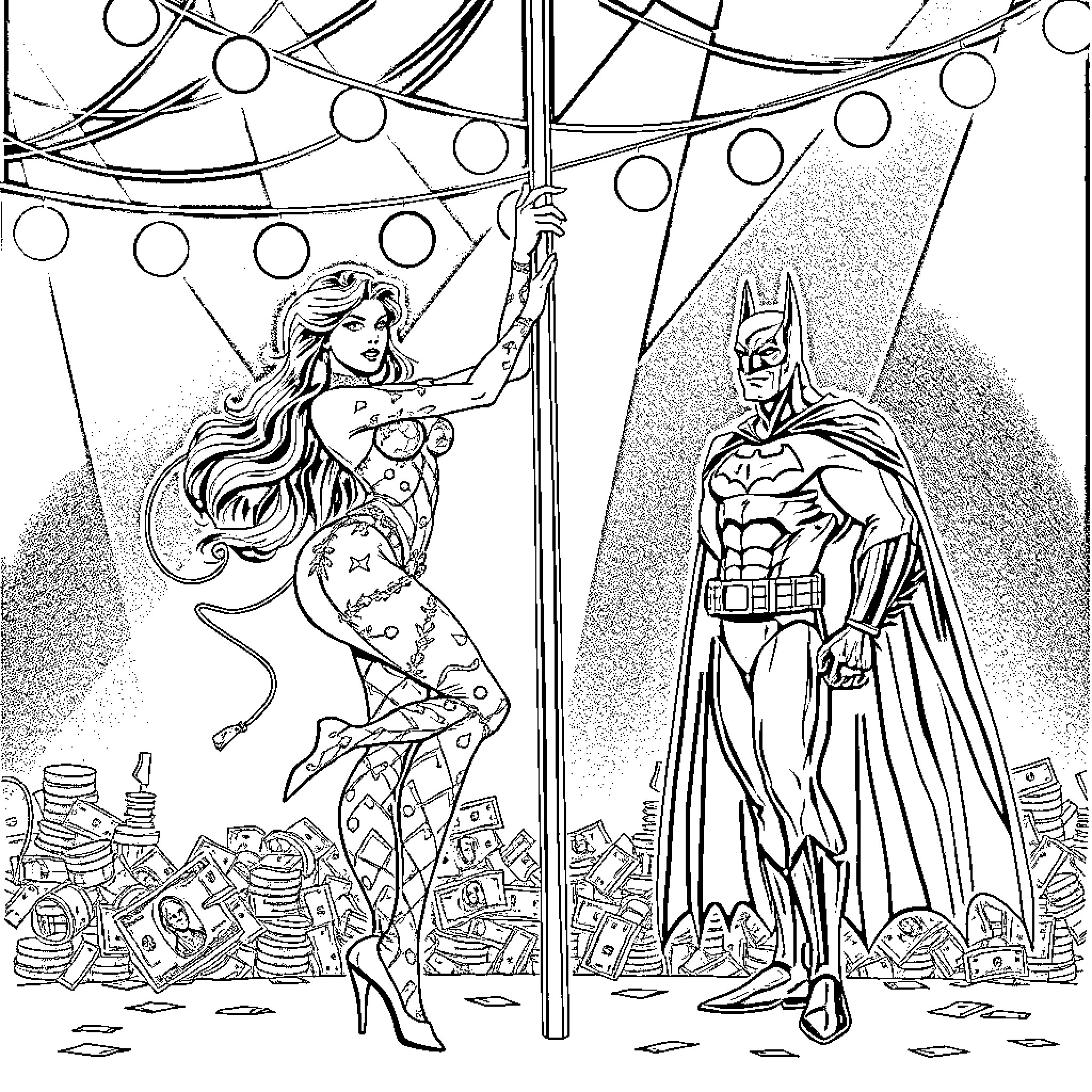 Poison Ivy and Batman in Circus-Inspired Nighttime City Scene Coloring Page (free black-and-white line drawing printable PDF for all, from beginners to advanced learners, including children, teens, adults, and seniors)