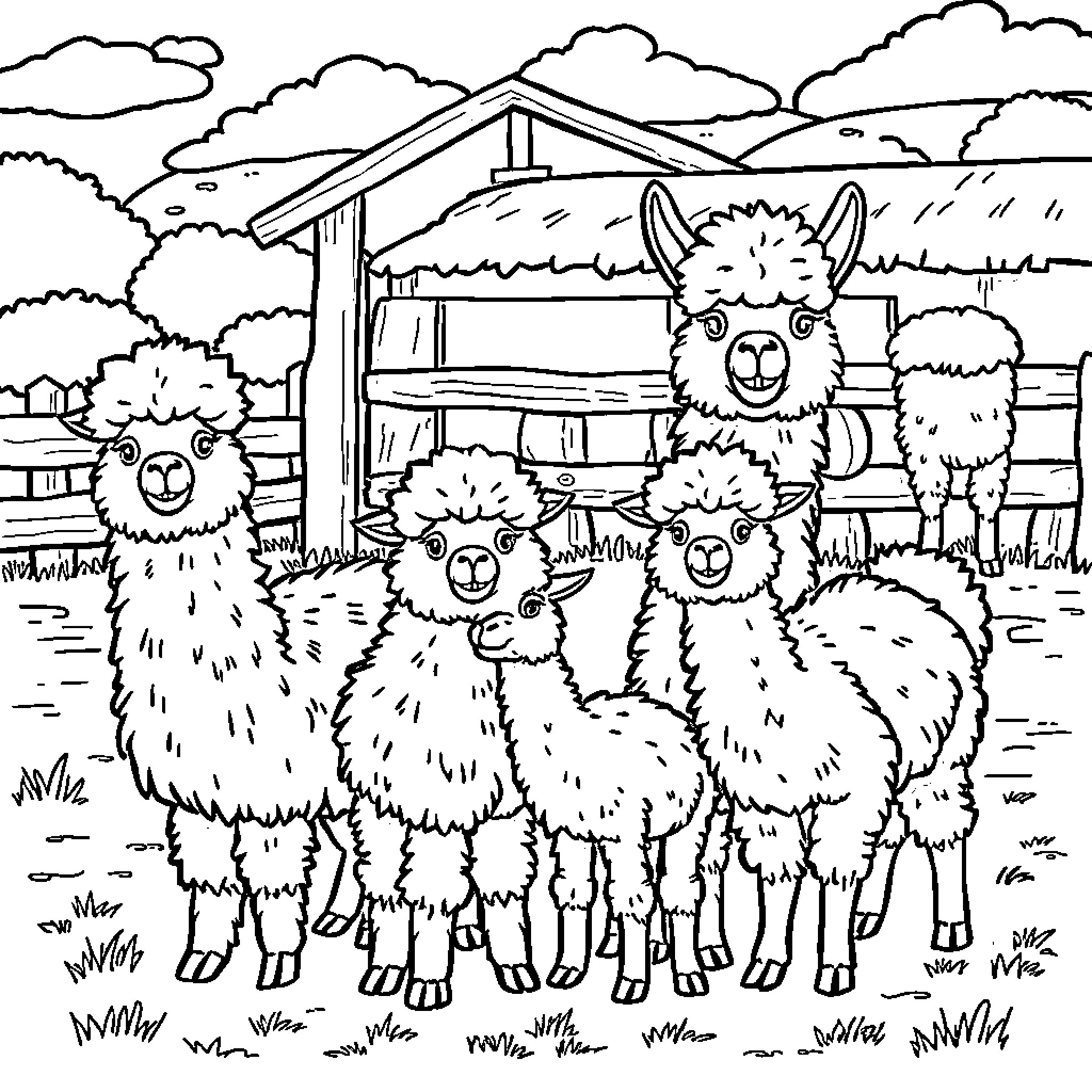 Alpacas gathered in a rural setting Coloring Page (free black-and-white line drawing printable PDF for all, from beginners to advanced learners, including children, teens, adults, and seniors)