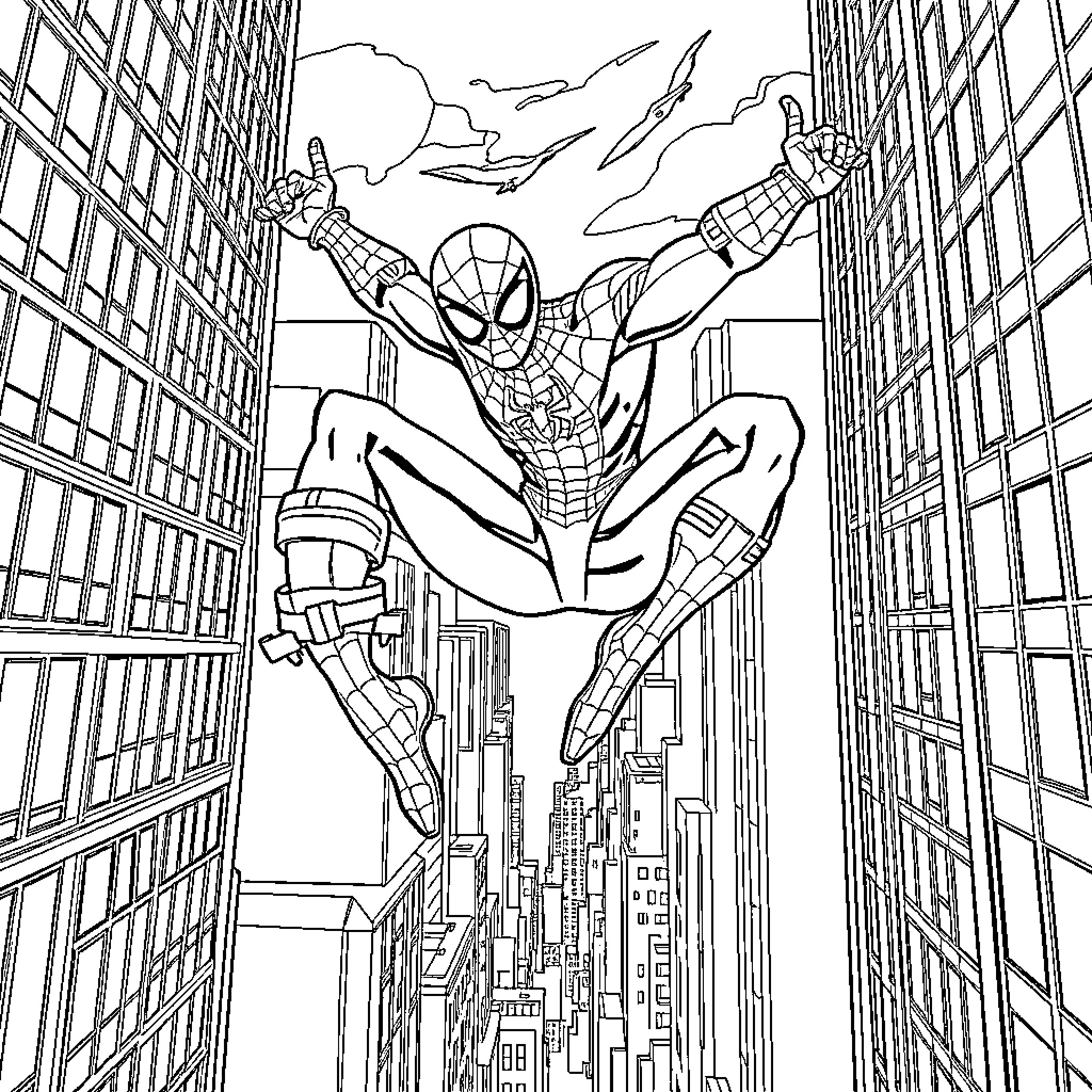 Spiderman swinging through the city with determination Coloring Page (free black-and-white line drawing printable PDF for all, from beginners to advanced learners, including children, teens, adults, and seniors)