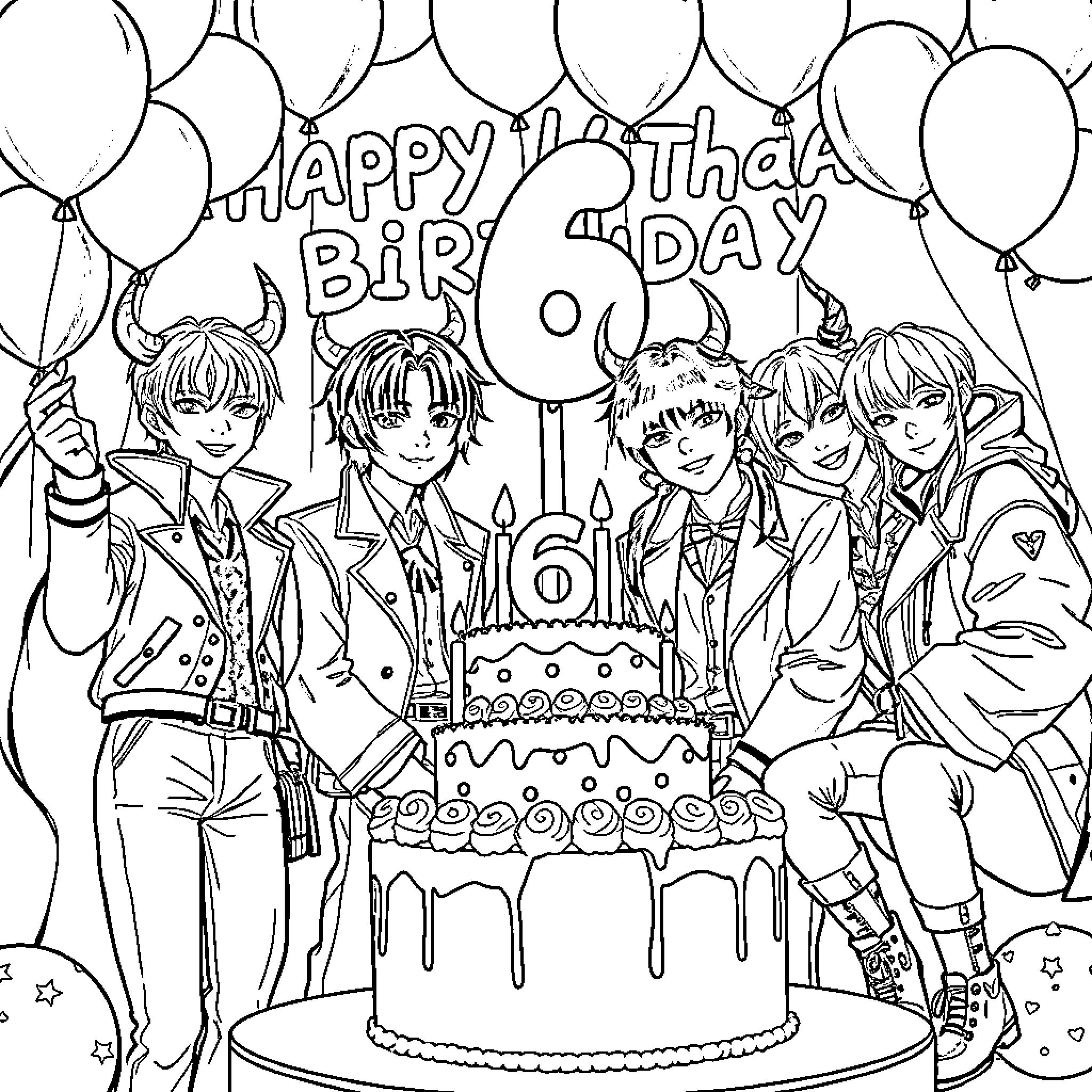 Kpop Demon Hunter Birthday Celebration with Friends Coloring Page (free black-and-white line drawing printable PDF for all, from beginners to advanced learners, including children, teens, adults, and seniors)