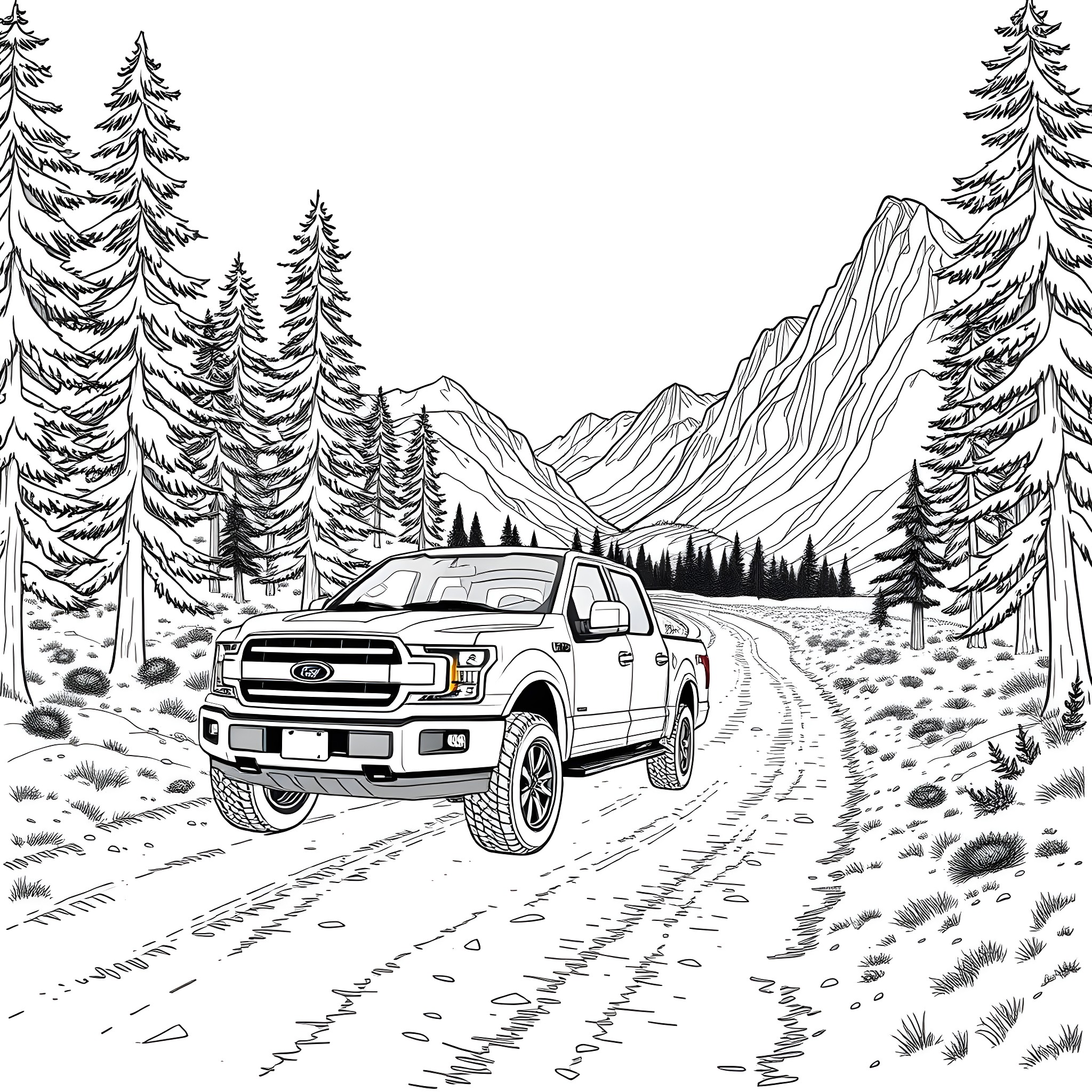 Pick Up Truck Traversing Mountain Landscape Coloring Page (free black-and-white line drawing printable PDF for all, from beginners to advanced learners, including children, teens, adults, and seniors)