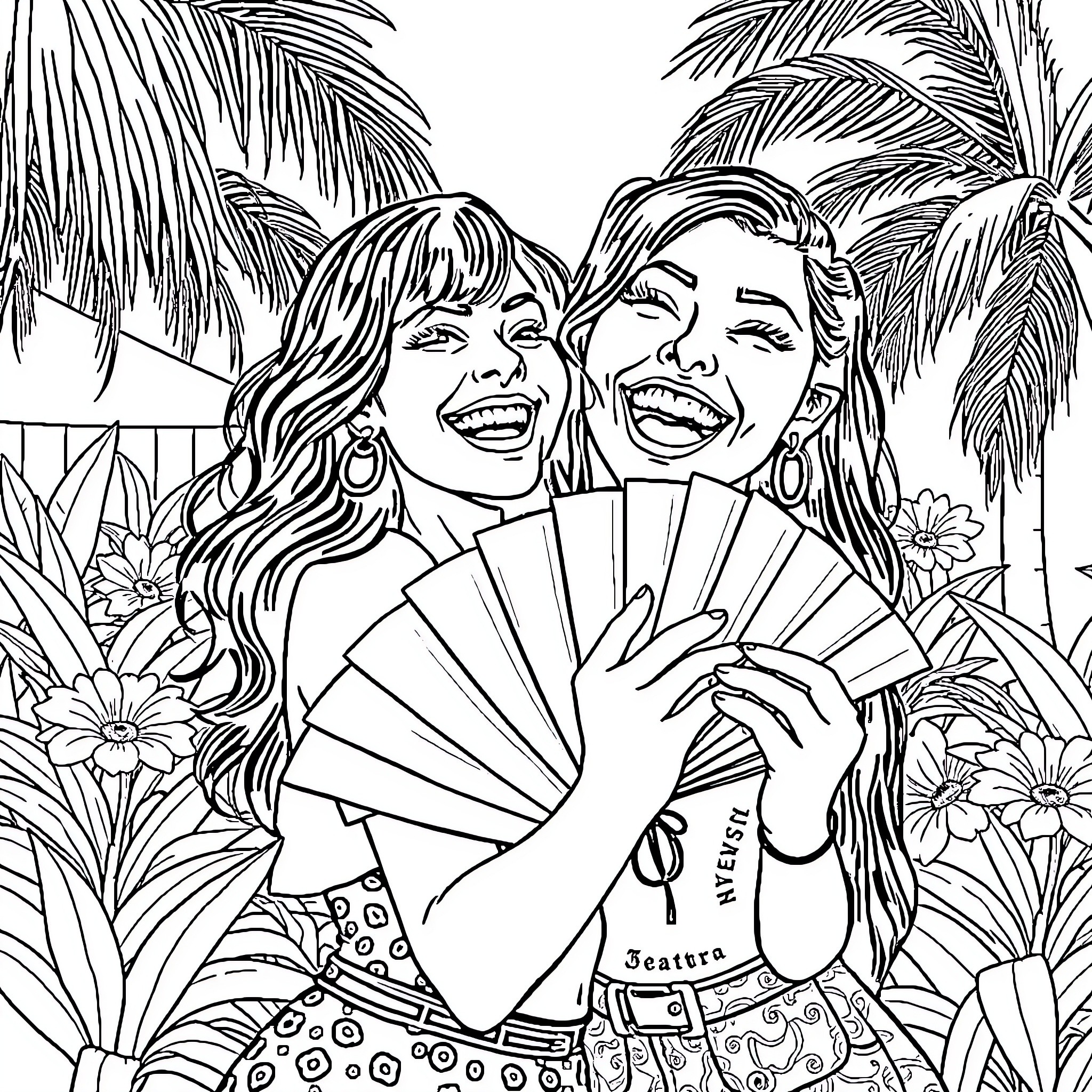 Dua Lipa and friend enjoying tropical setting Coloring Page (free black-and-white line drawing printable PDF for all, from beginners to advanced learners, including children, teens, adults, and seniors)