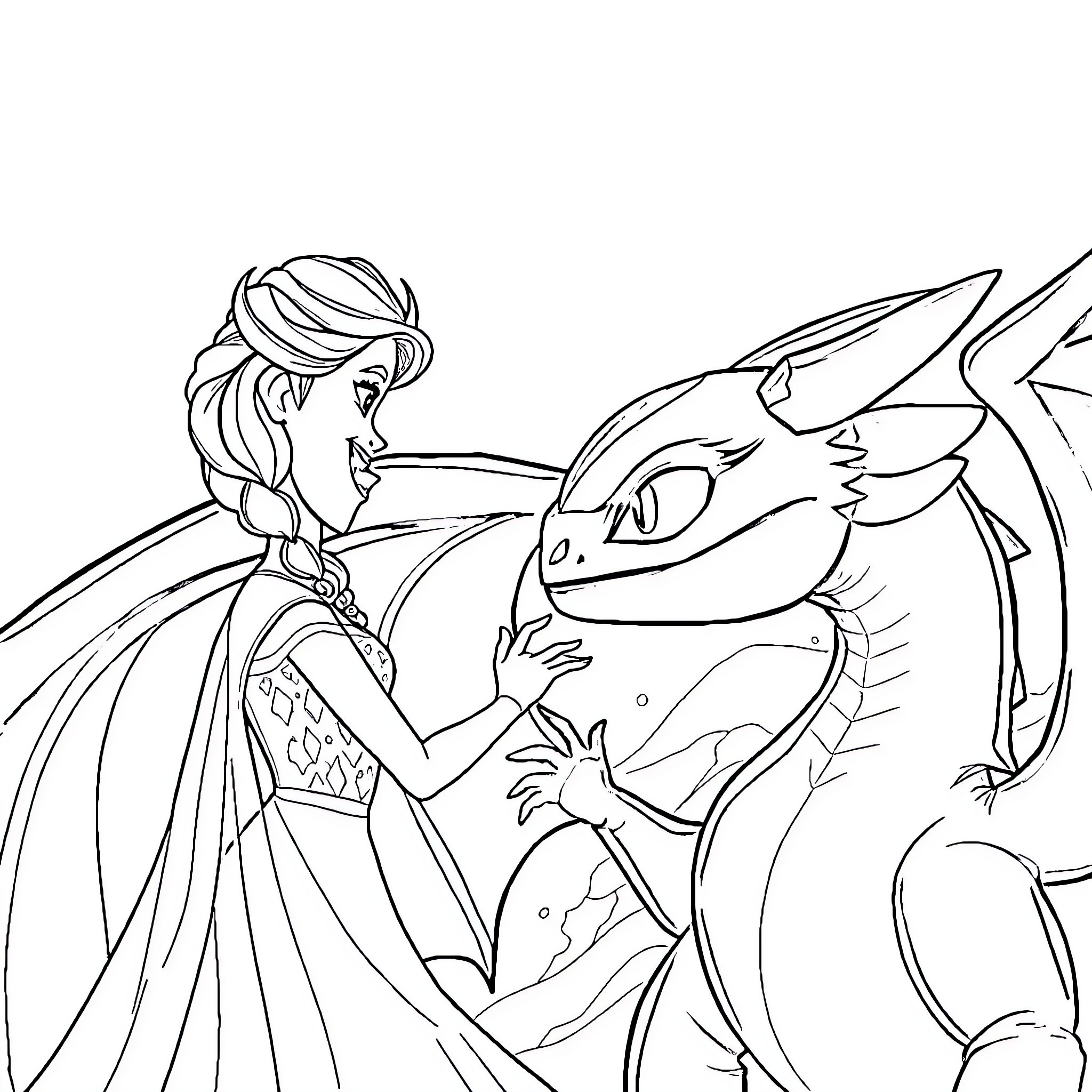 Elsa interacting with a friendly dragon Coloring Page (free black-and-white line drawing printable PDF for all, from beginners to advanced learners, including children, teens, adults, and seniors)