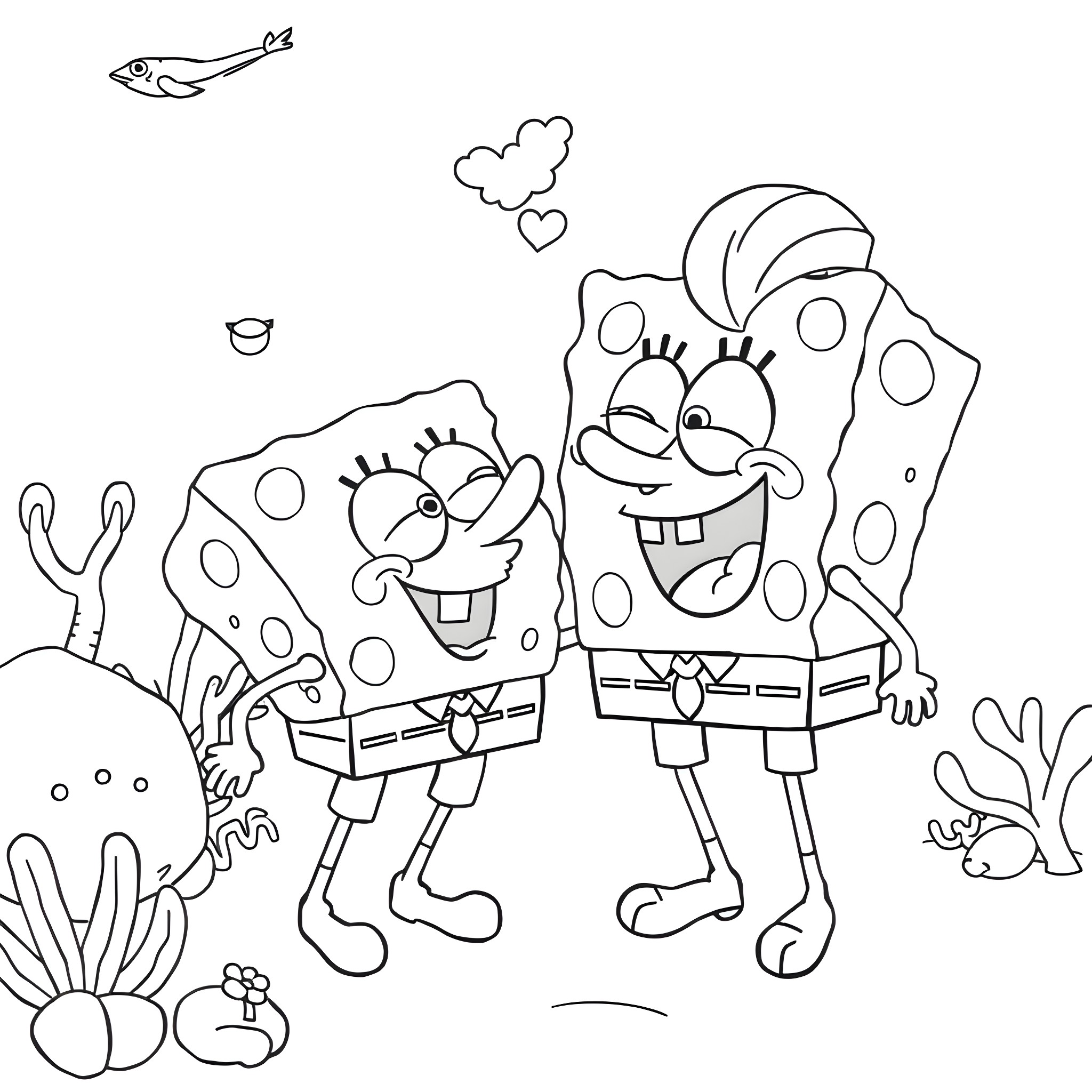 Spongebob and Patrick having a happy moment Coloring Page (free black-and-white line drawing printable PDF for all, from beginners to advanced learners, including children, teens, adults, and seniors)