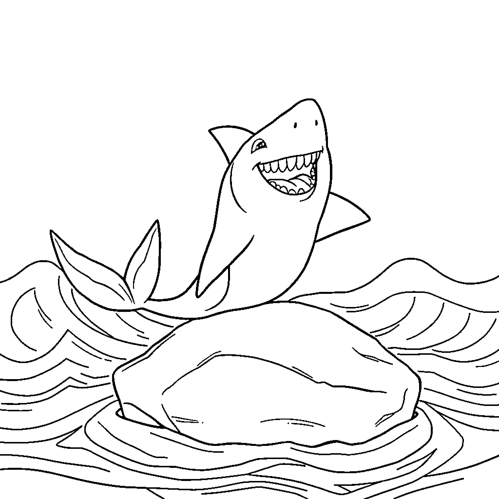 Shark swimming excitedly in the ocean Coloring Page (free black-and-white line drawing printable PDF for all, from beginners to advanced learners, including children, teens, adults, and seniors)