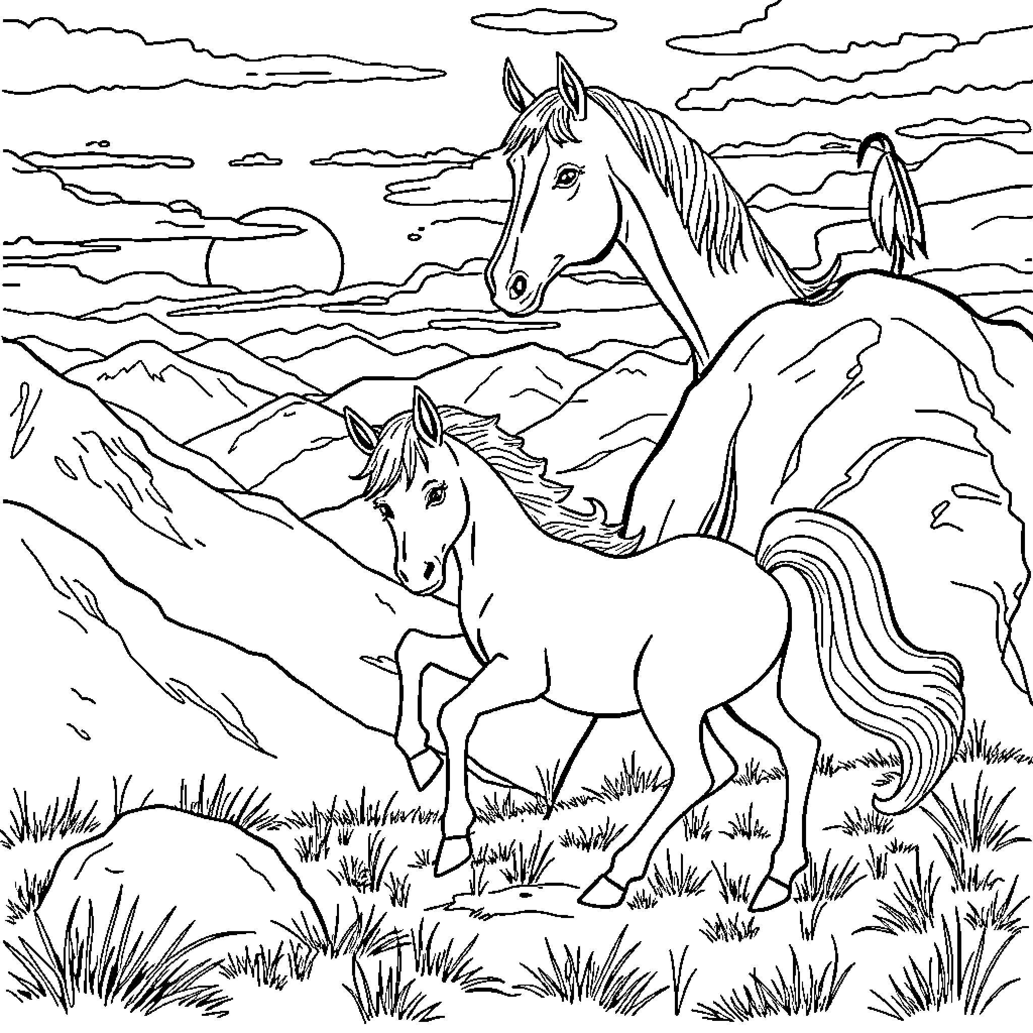 Caballo Pair Grazing in Mountainous Landscape Coloring Page (free black-and-white line drawing printable PDF for all, from beginners to advanced learners, including children, teens, adults, and seniors)