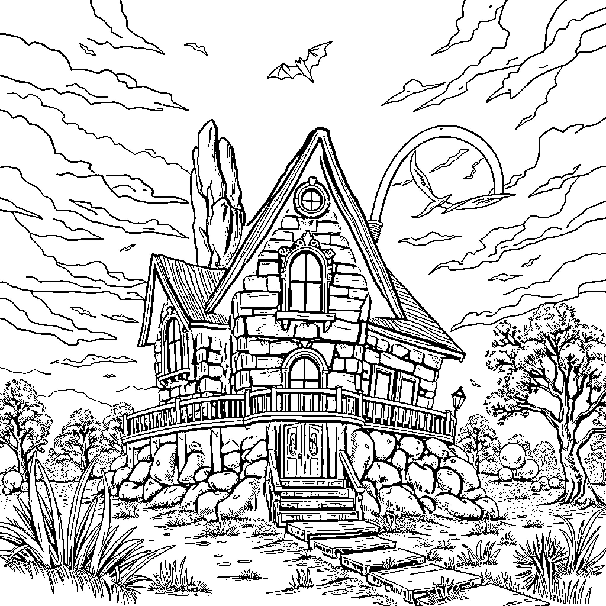 Casa standing amidst a whimsical landscape with clouds and birds Coloring Page (free black-and-white line drawing printable PDF for all, from beginners to advanced learners, including children, teens, adults, and seniors)