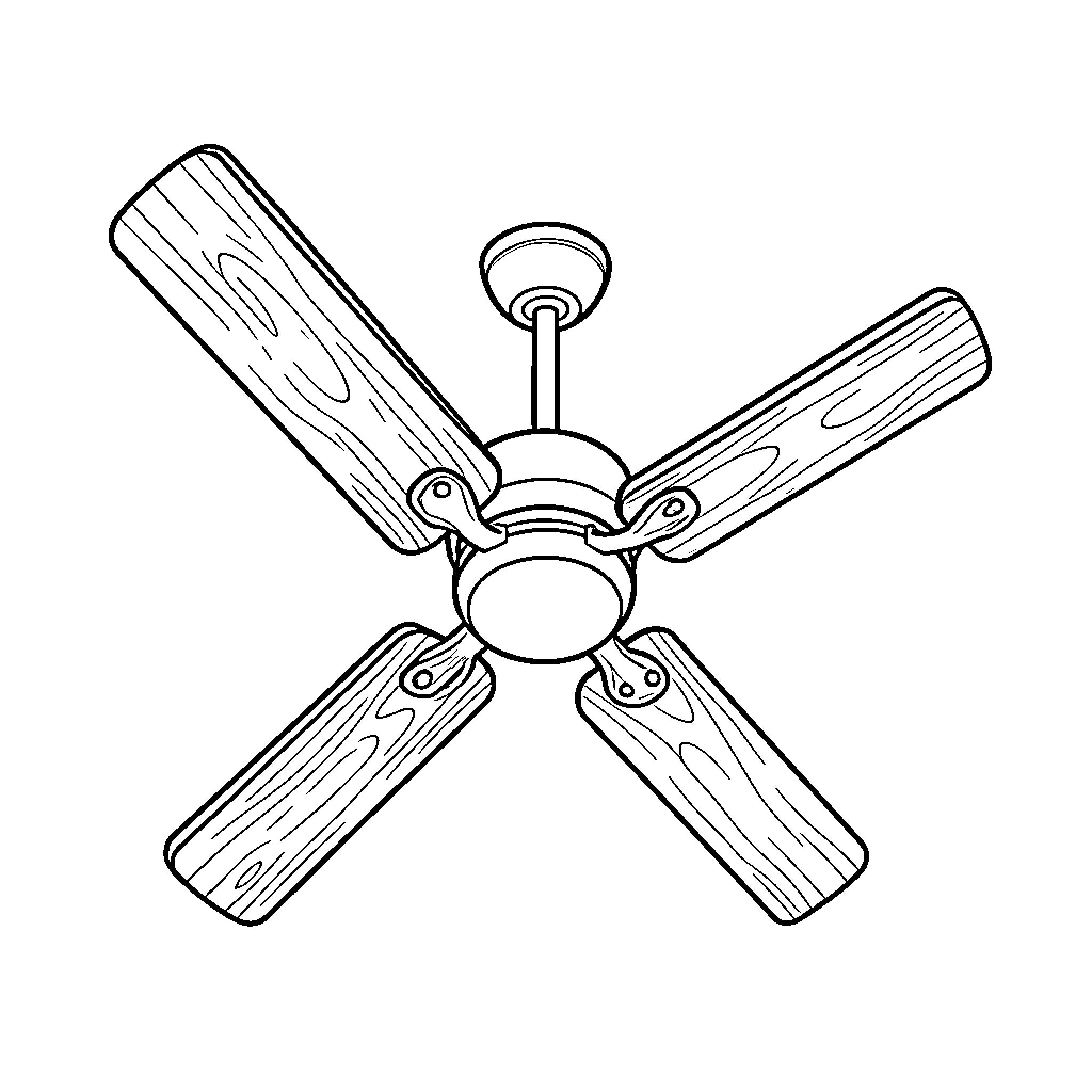 Ceiling fan with four wooden blades spinning Coloring Page (free black-and-white line drawing printable PDF for all, from beginners to advanced learners, including children, teens, adults, and seniors)