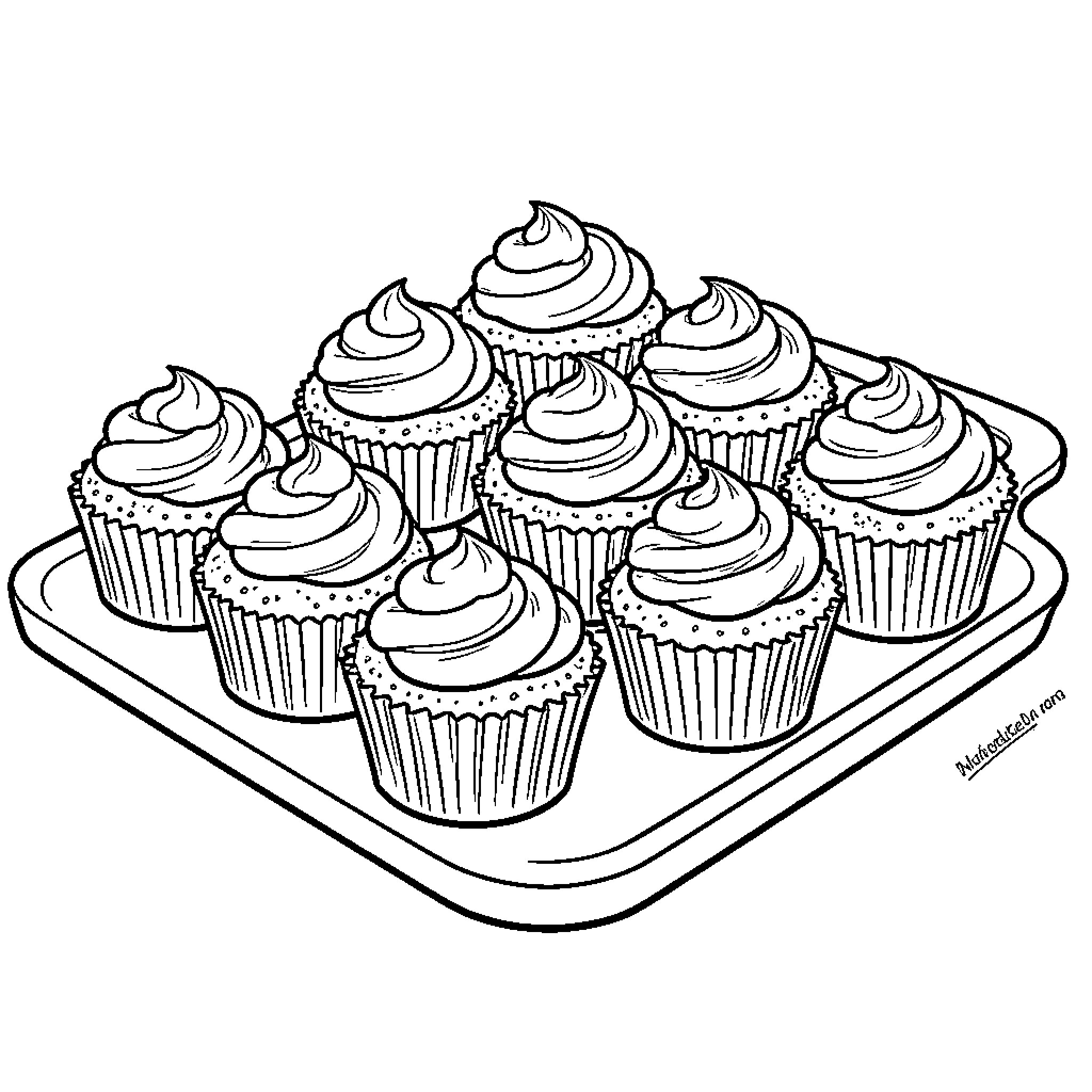 Cupcake assortment arranged neatly on a serving tray Coloring Page (free black-and-white line drawing printable PDF for all, from beginners to advanced learners, including children, teens, adults, and seniors)