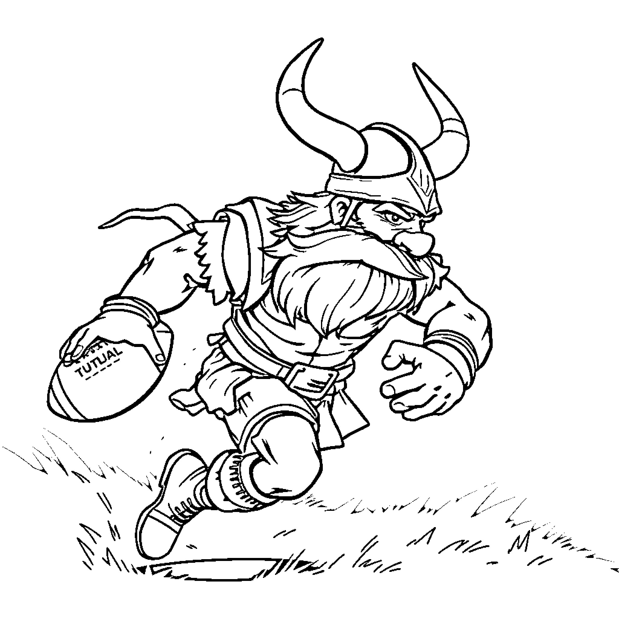 Viking warrior charging with football in hand Coloring Page (free black-and-white line drawing printable PDF for all, from beginners to advanced learners, including children, teens, adults, and seniors)