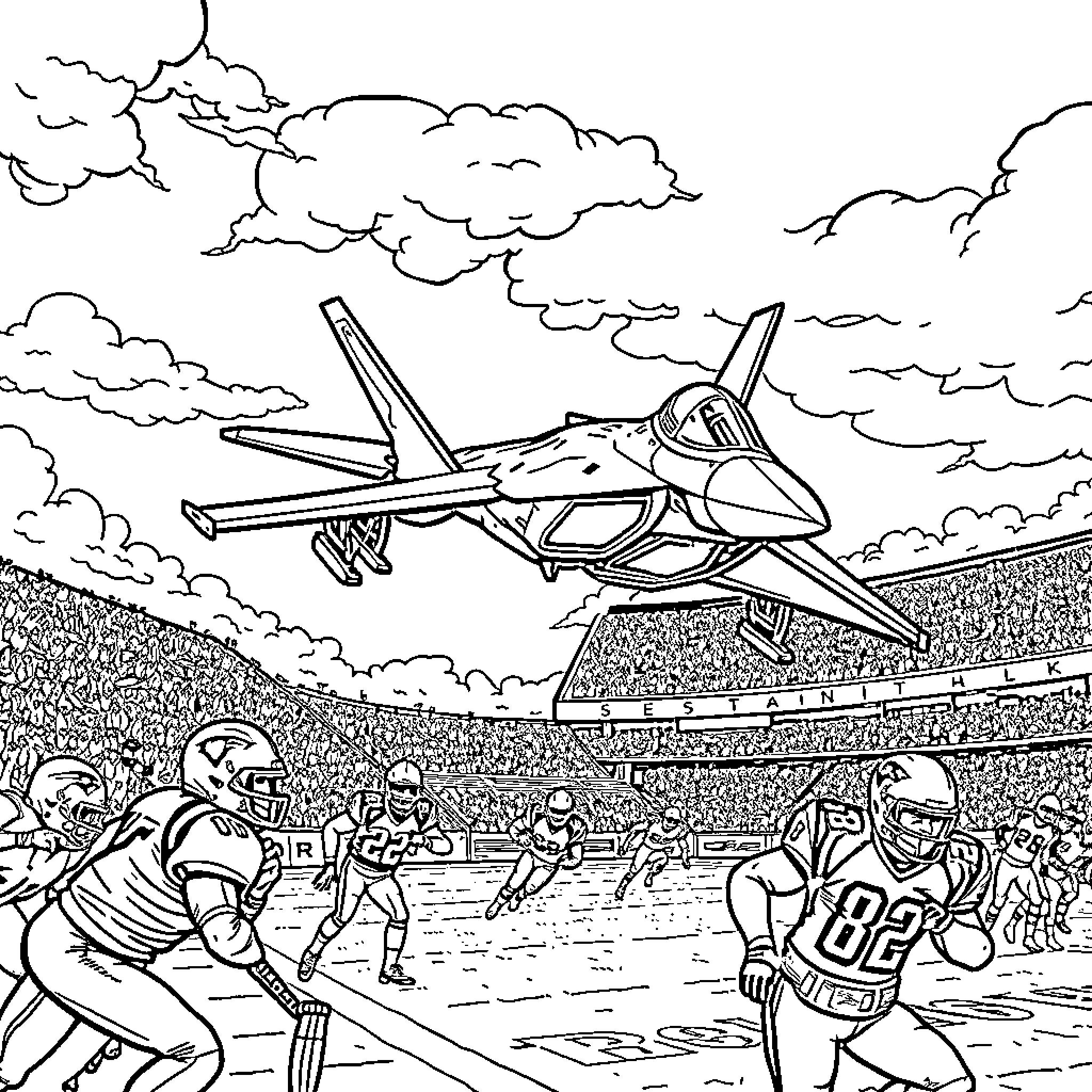 F22 jet soaring over a football game Coloring Page (free black-and-white line drawing printable PDF for all, from beginners to advanced learners, including children, teens, adults, and seniors)