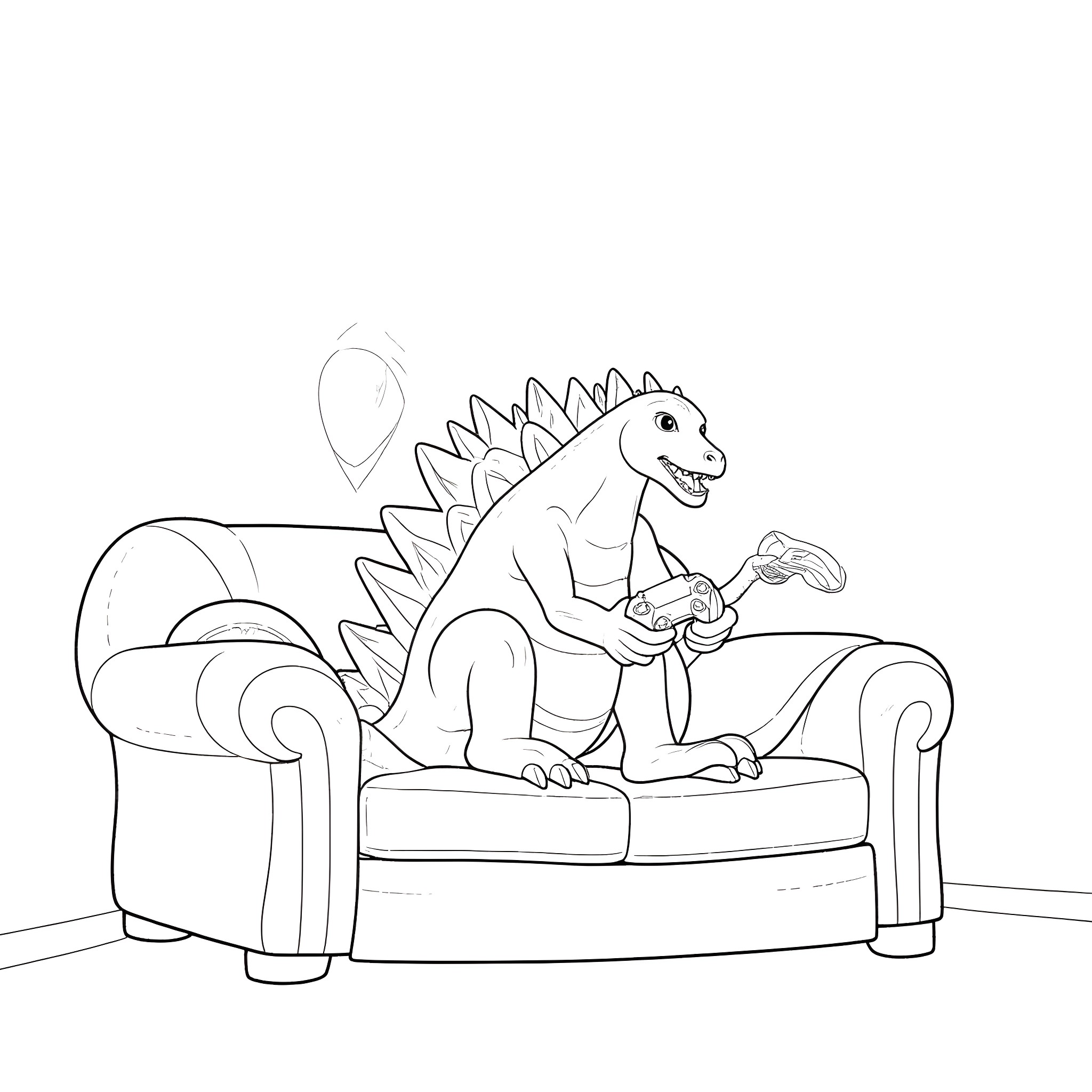 Godzilla lounging comfortably on a couch Coloring Page (free black-and-white line drawing printable PDF for all, from beginners to advanced learners, including children, teens, adults, and seniors)