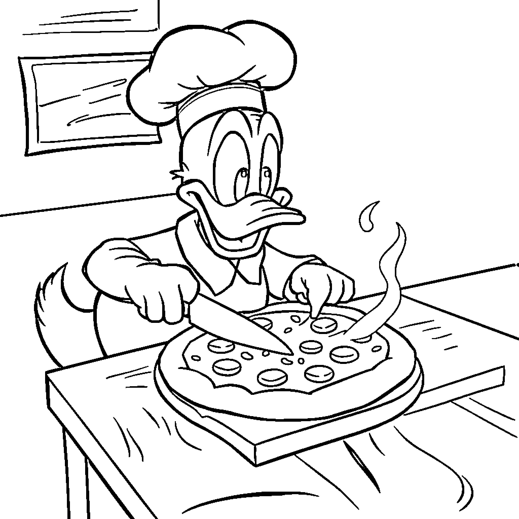 Donald Duck making a tasty pizza in the kitchen Coloring Page (free black-and-white line drawing printable PDF for all, from beginners to advanced learners, including children, teens, adults, and seniors)