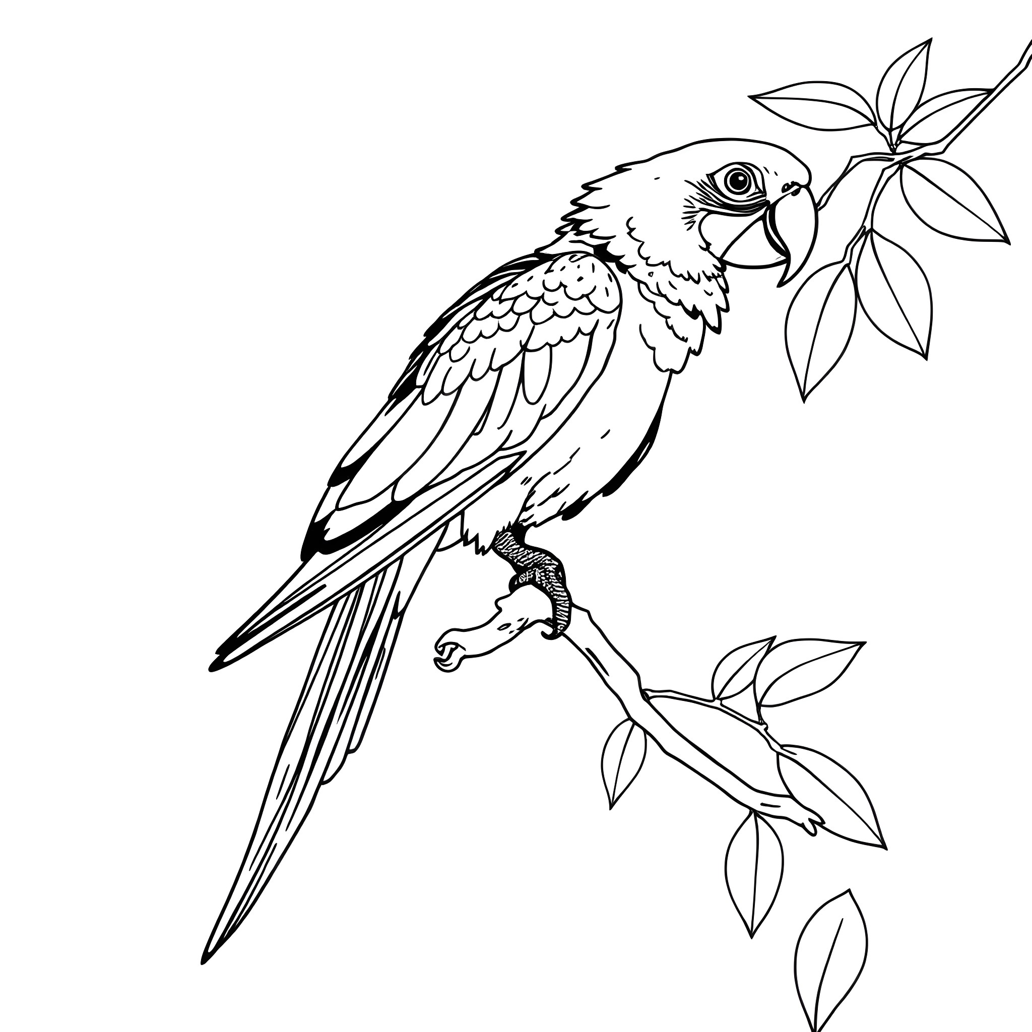 Parrot perched on branch with leaves Coloring Page (free black-and-white line drawing printable PDF for all, from beginners to advanced learners, including children, teens, adults, and seniors)