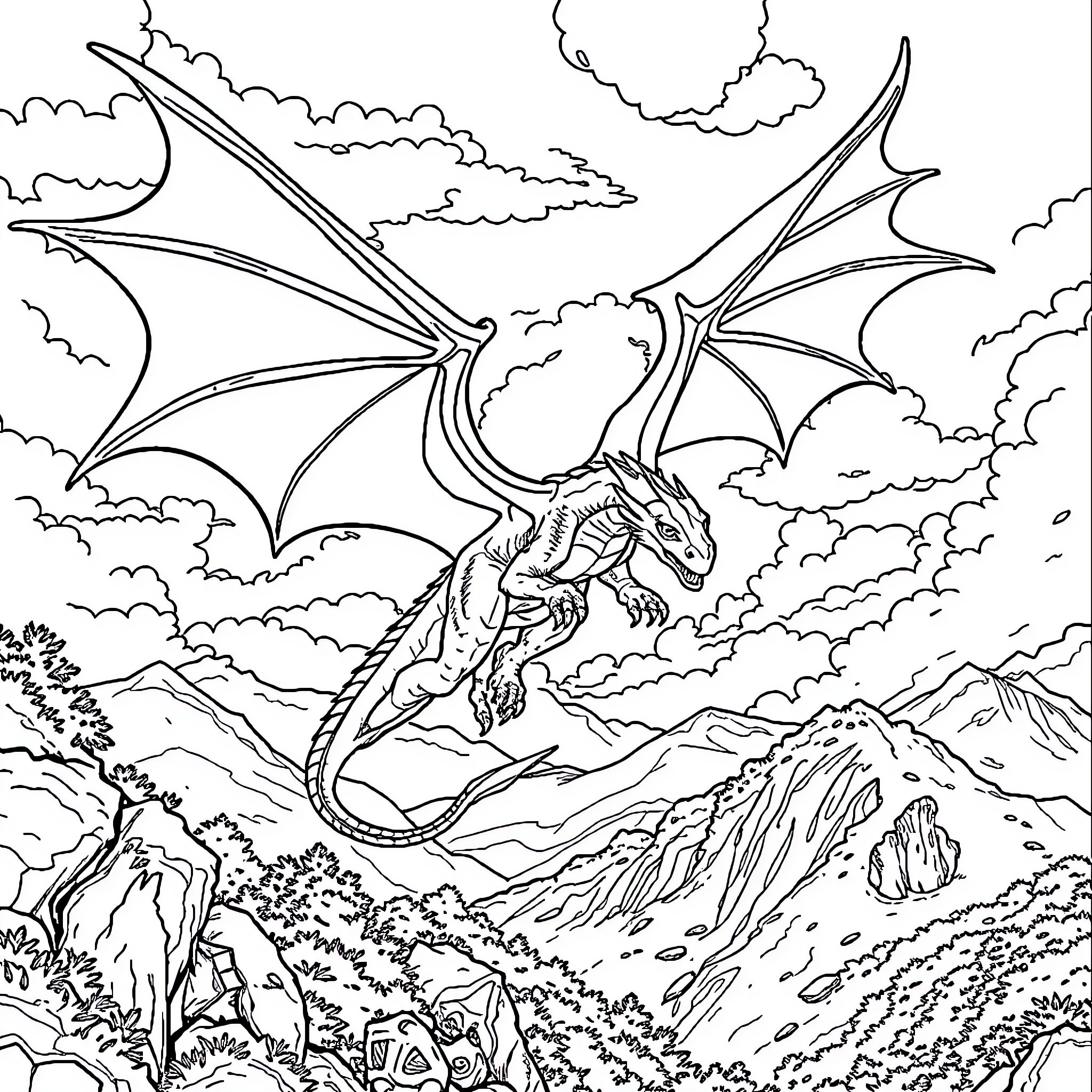 Dragon soaring through the cloudy skies Coloring Page (free black-and-white line drawing printable PDF for all, from beginners to advanced learners, including children, teens, adults, and seniors)