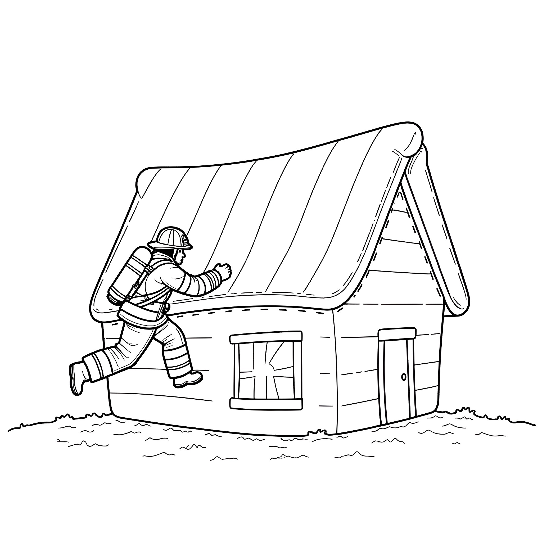 Firefighter tackling fire in a small cabin Coloring Page (free black-and-white line drawing printable PDF for all, from beginners to advanced learners, including children, teens, adults, and seniors)